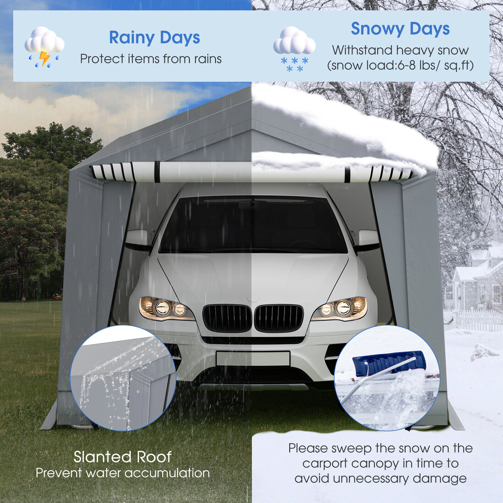 SUGIFT Gray Heavy Duty Galvanized Steel Carport Canopy Tent with 2 Roll Up Doors and 8 Legs 16-ft W 10-ft D