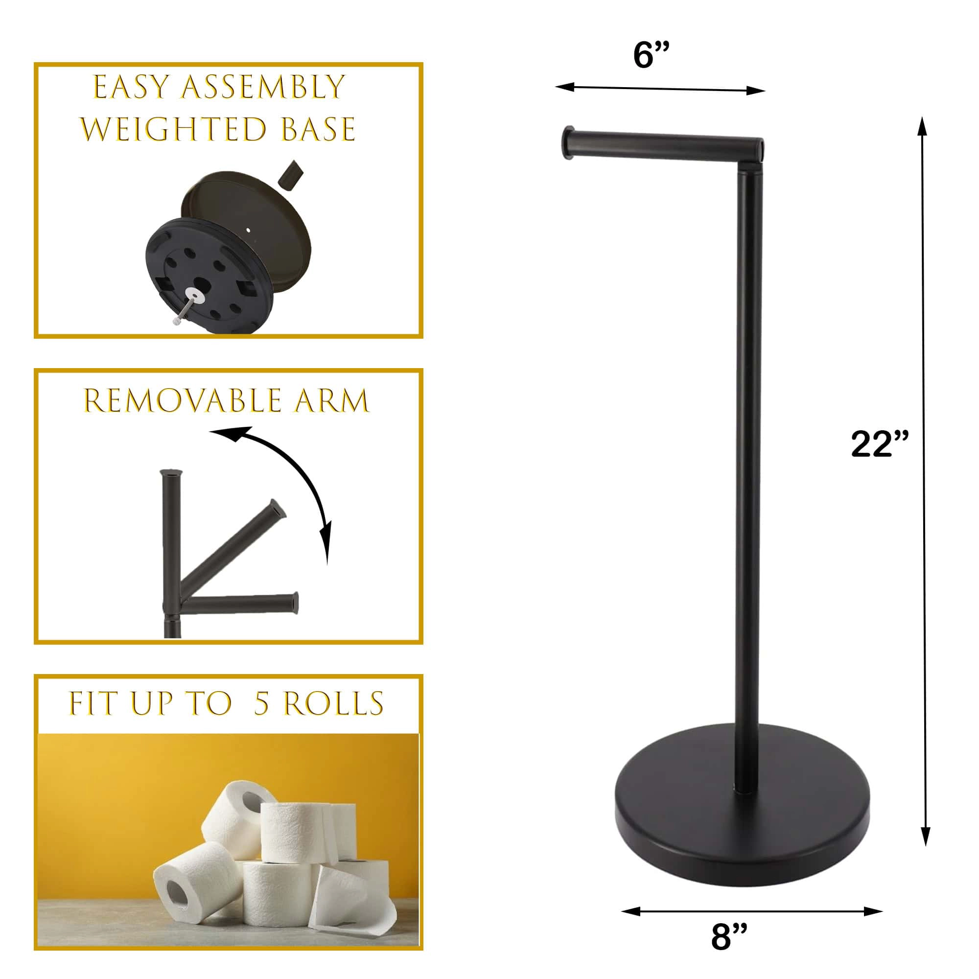 Evideco French Home Goods Freestanding Metal Toilet Paper Holder - Folding Arm, Weighted Base, 22" High