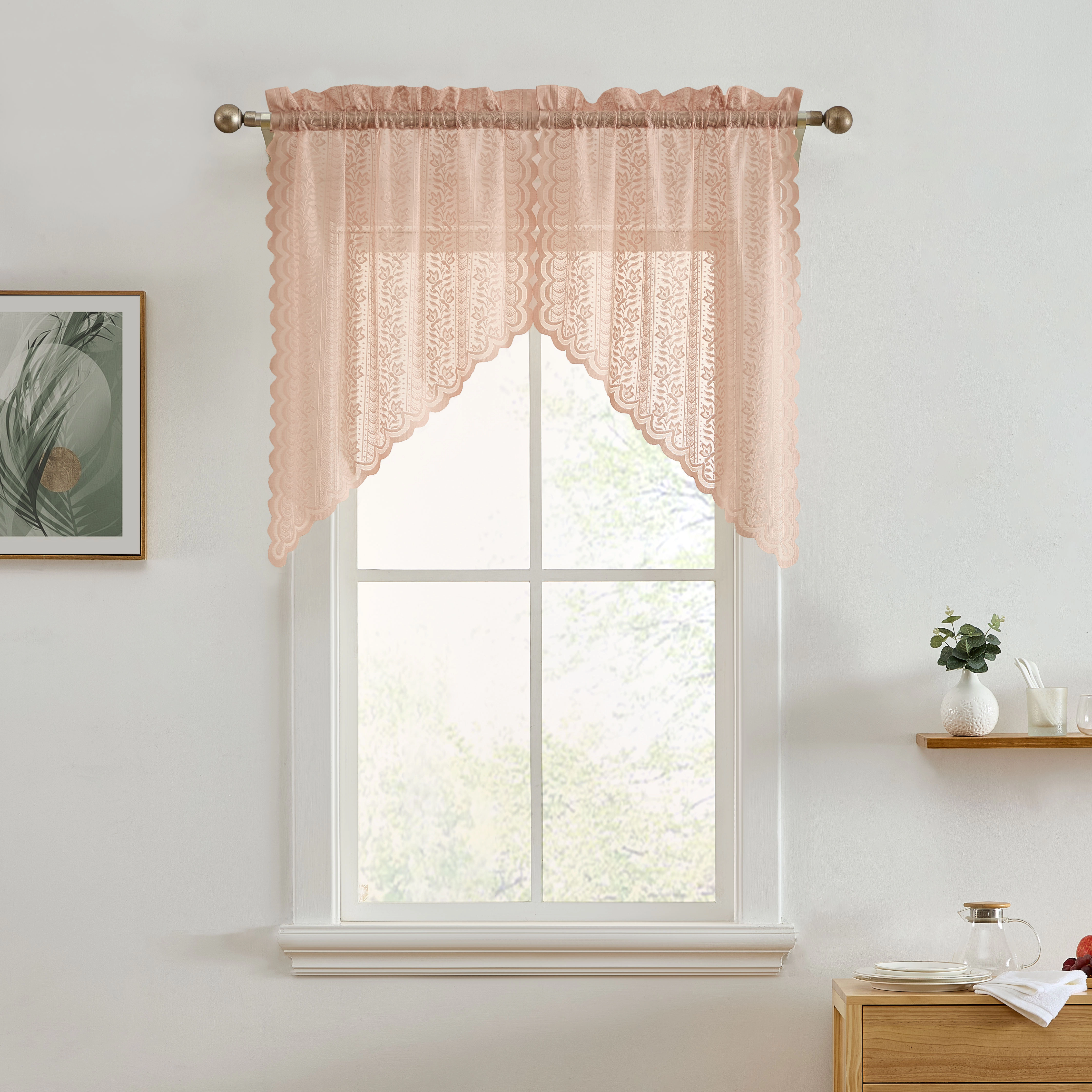 HLC.ME Sophia Floral Rod Pocket Lace Short Cafe Swags for Small Windows - Set of 2