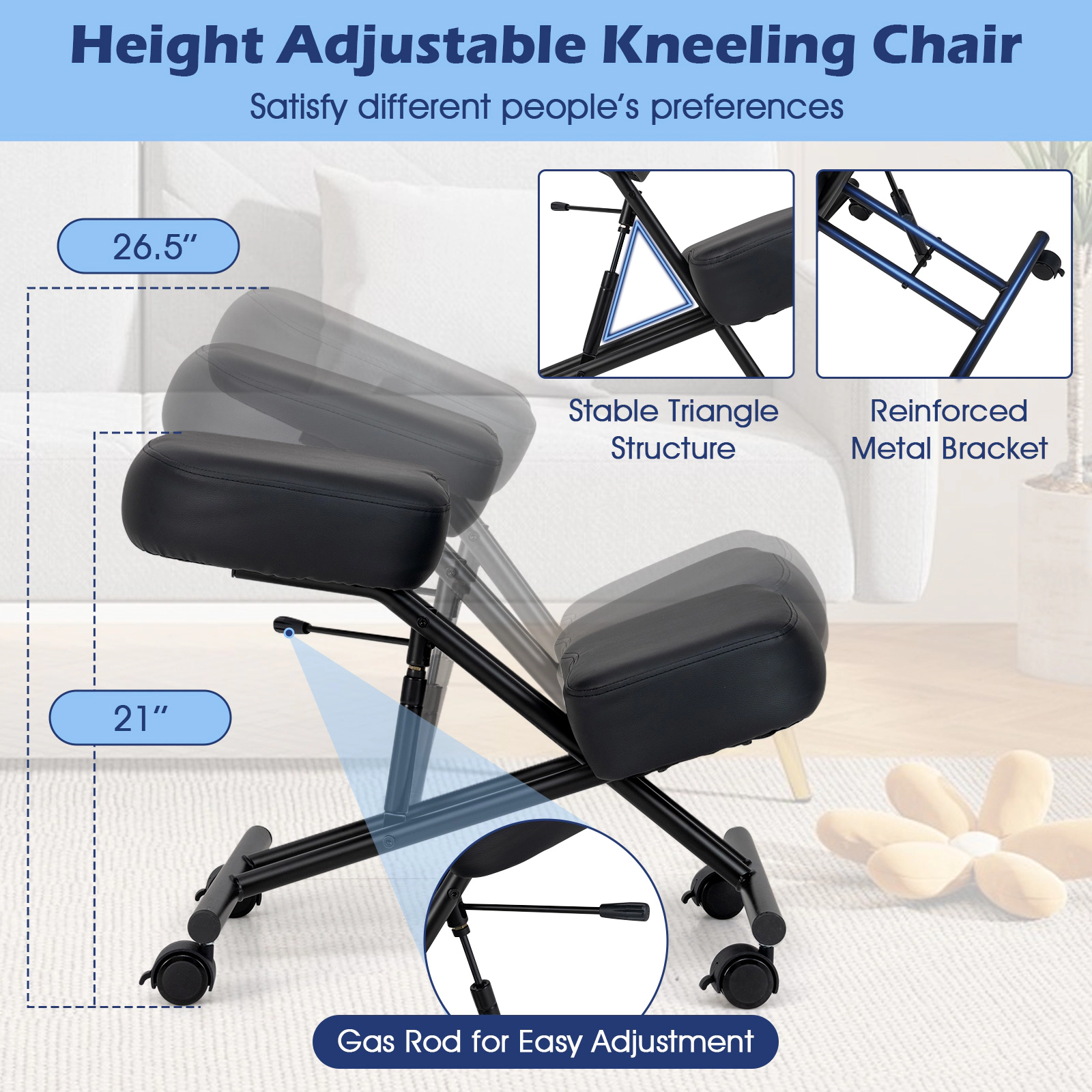 SUGIFT Adjustable Height 220-lb Capacity Black Faux Leather Kneeling Chair with Lockable Brake Wheels