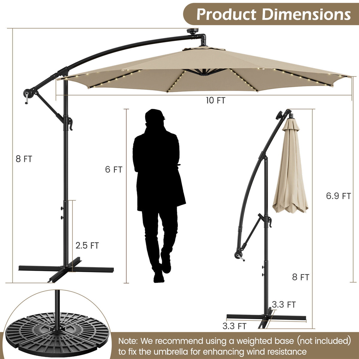 SUGIFT 10-ft Solar-Powered LED Offset Patio Umbrella with 112 Lights 10 x 8-ft Canopy and Crank Tilt Beige