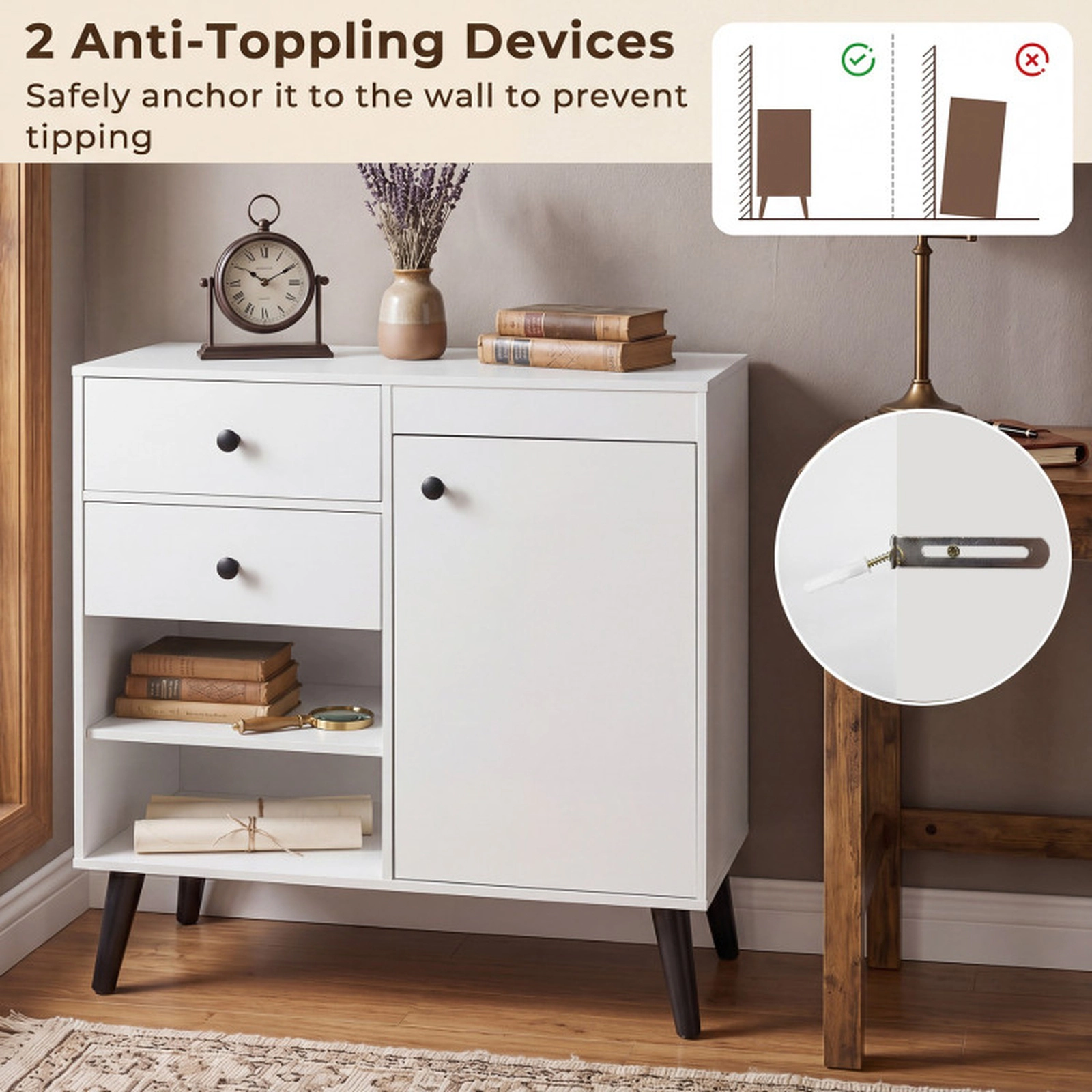 SUGIFT 31-in Sideboard Cabinet with 2 Open Compartments 2 Drawers and Single-Door Cabinet 135-lb Capacity White