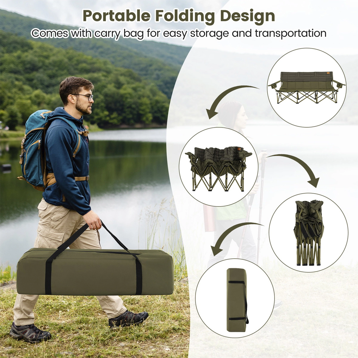 SUGIFT 900-lb Capacity 3-Person Extra Wide Folding Camping Chair Couch with 2 Cup Holders and Storage Bag