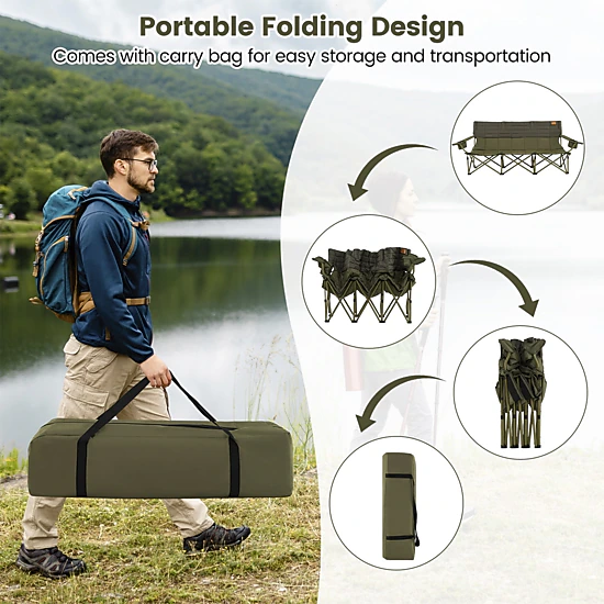 SUGIFT 900-lb Capacity 3-Person Extra Wide Folding Camping Chair Couch with 2 Cup Holders and Storage Bag