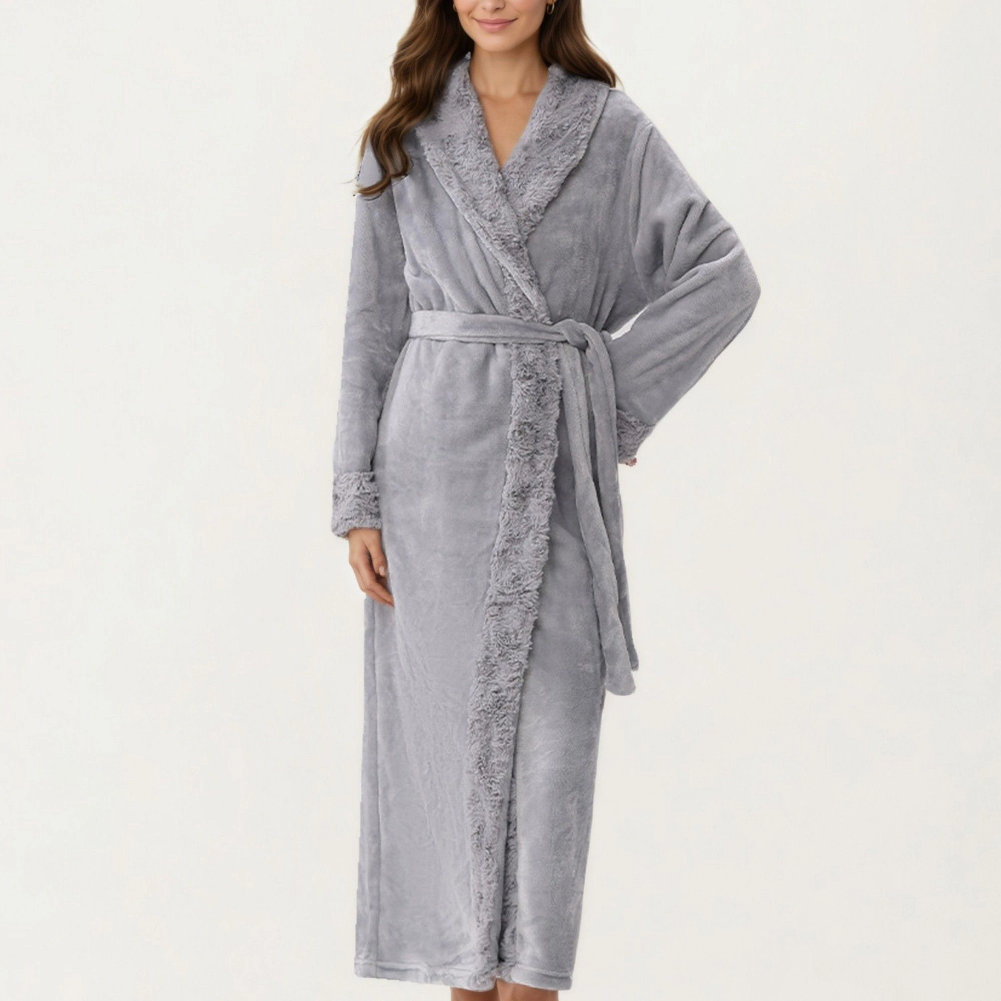 Anna-Kaci Women's Plush Bathrobe with Shawl Collar Self Tie Belt and Faux Shearling Trim