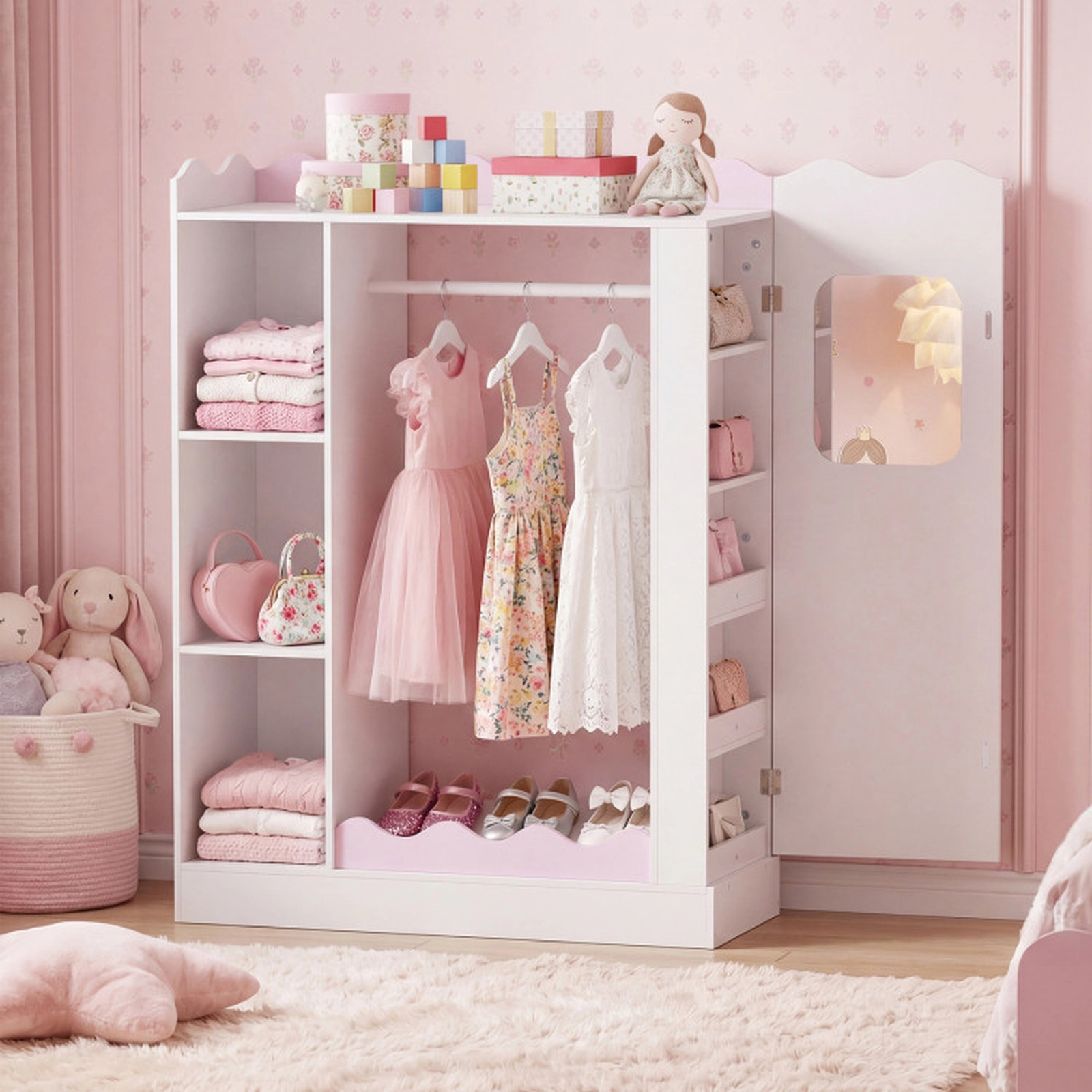 SUGIFT Pink Kids Dress Up Storage Wardrobe Closet with Full-Length Acrylic Mirror 3 Cubes and 20.5-in Hanging Rack