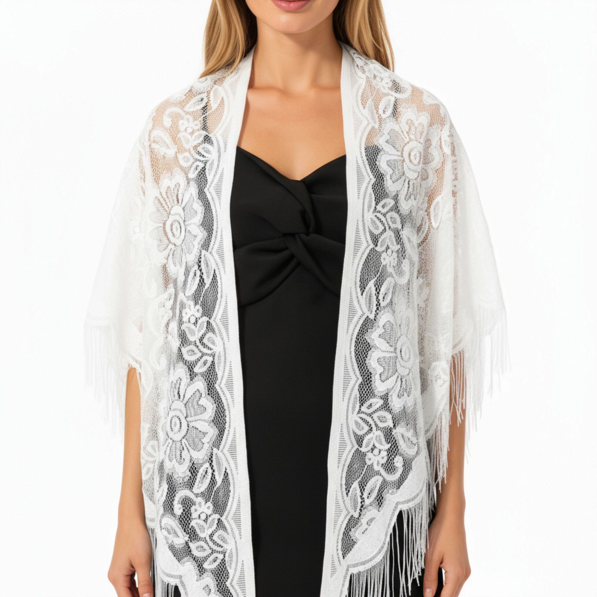Anna-Kaci Women's Sheer Lace Shawl with Floral Embroidery and Fringe Hem Detailing