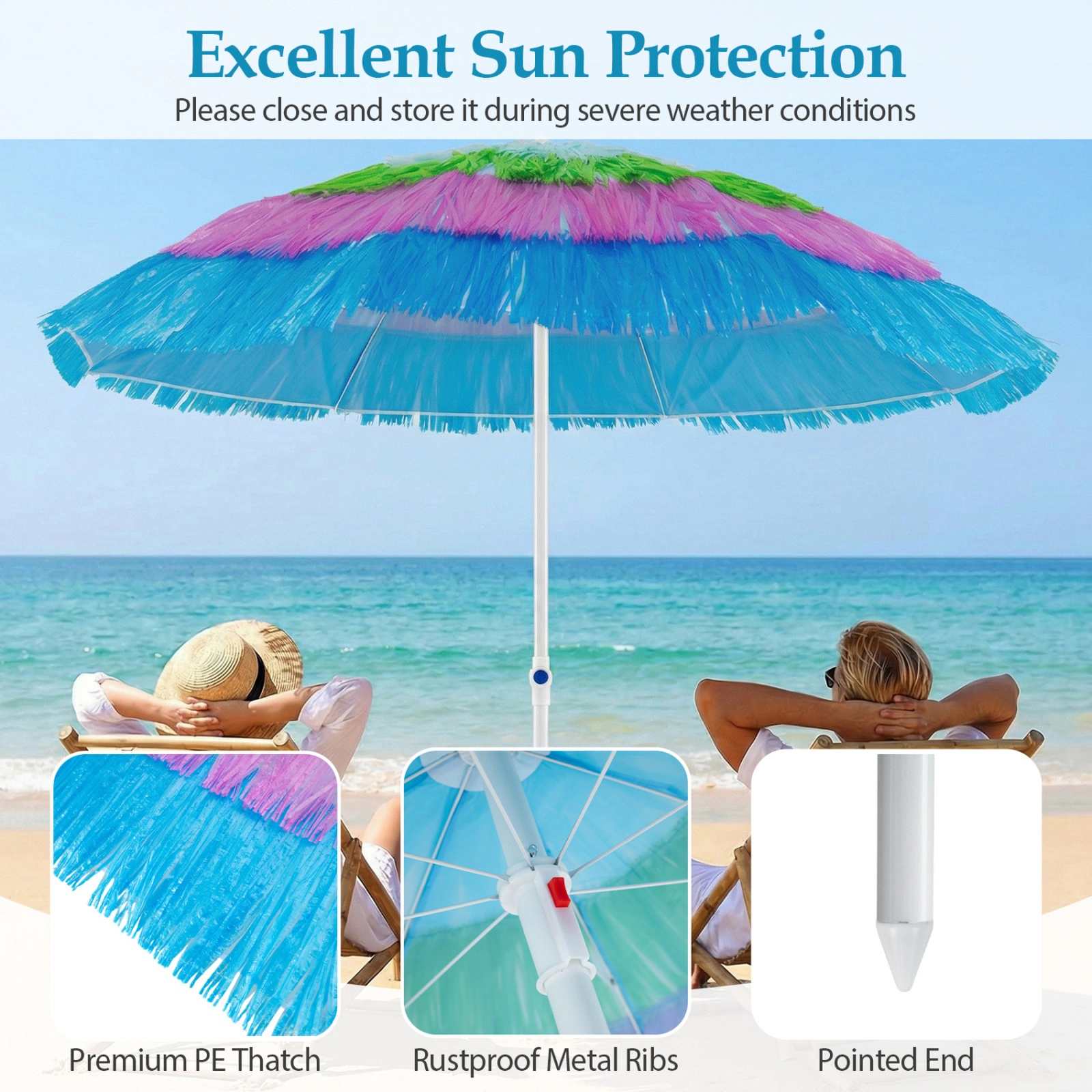 SUGIFT 6-ft Round Tiki Patio Umbrella with PE Thatch, 40° Tilt, Adjustable Height and Carry Bag