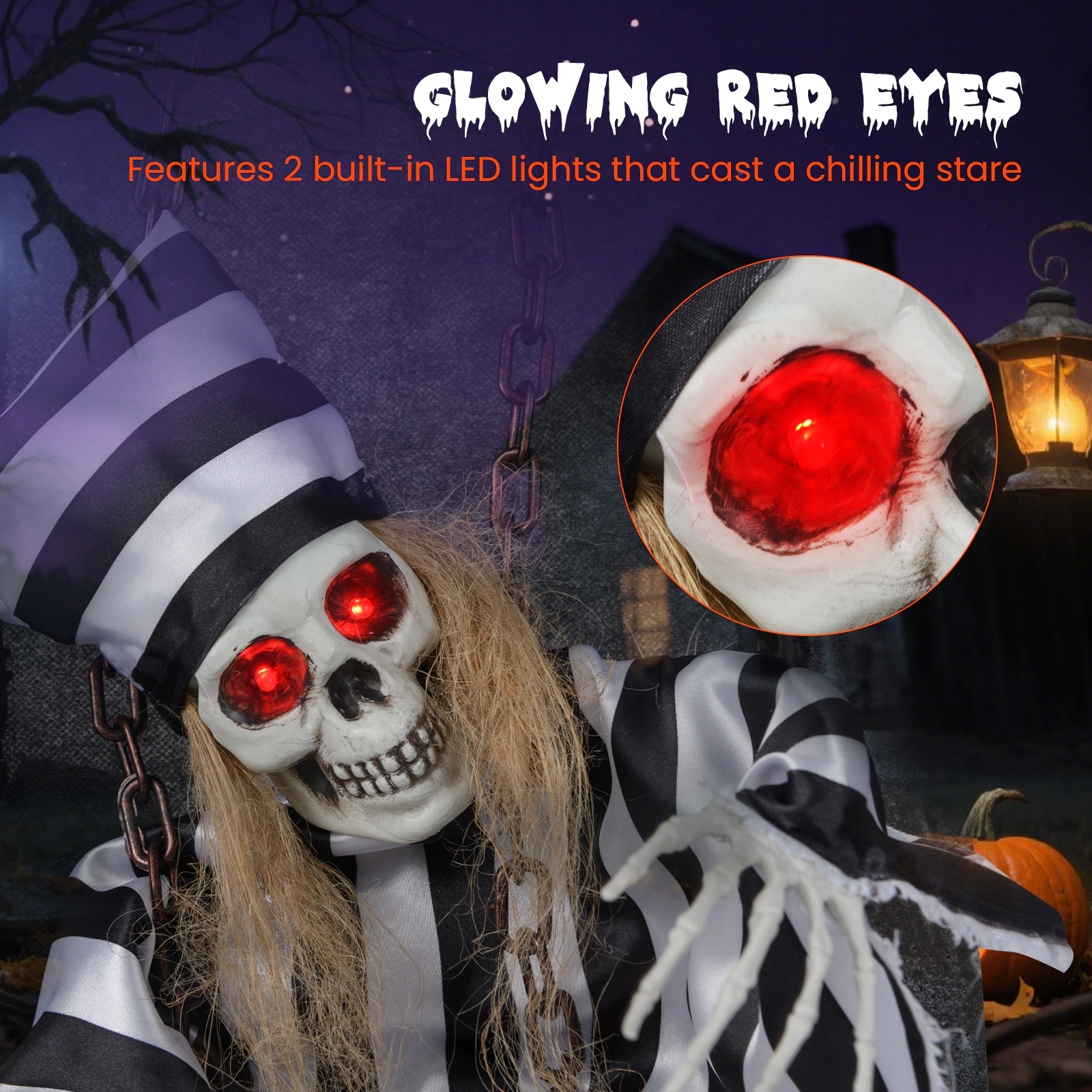 Glintex 18-Inch Animated Hanging Skull Prisoner with Sound Activation and LED Eyes, Black & White