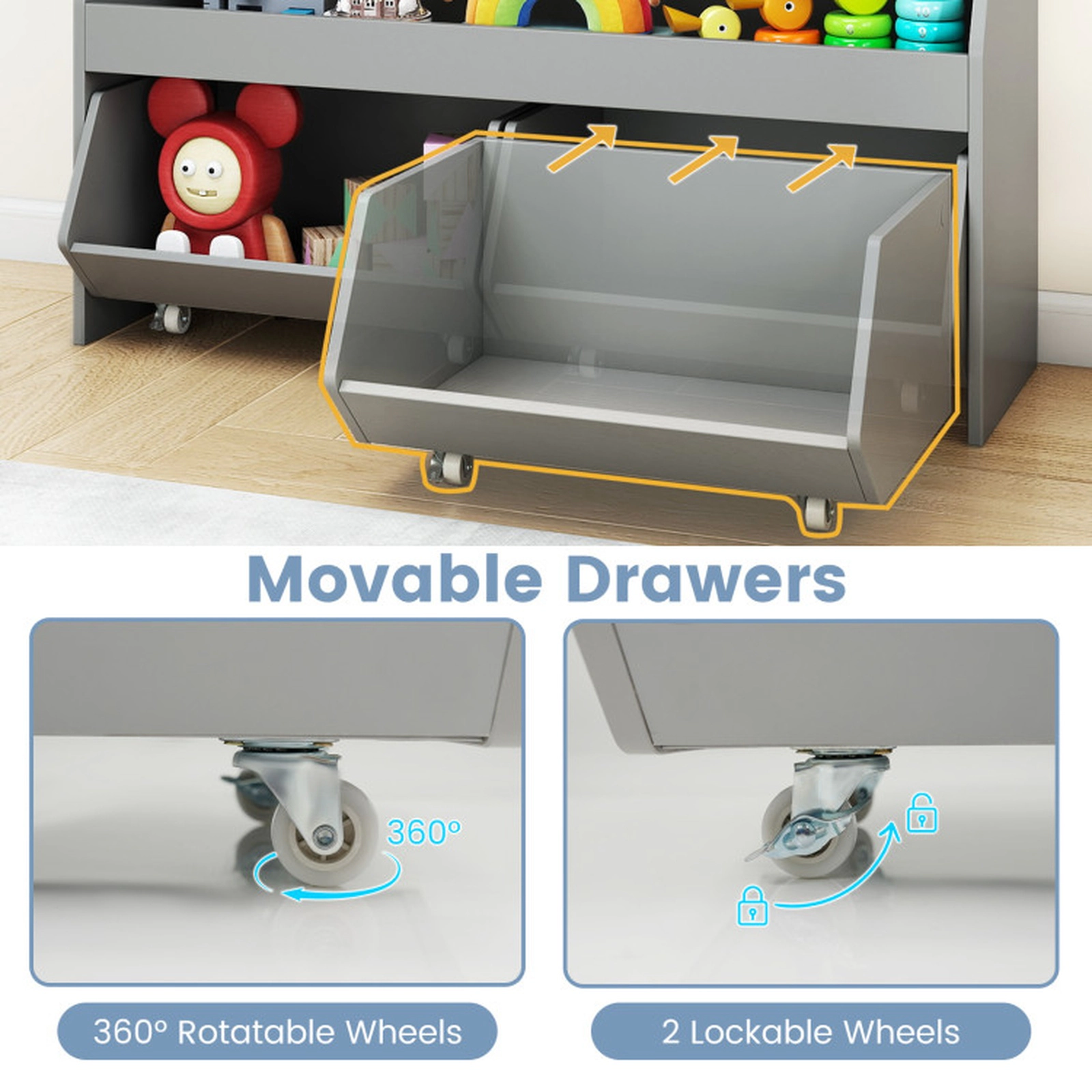 SUGIFT Kids 2 Movable Drawers Lockable Wheels Wooden Toy Storage Bookcase 40-in x 12-in x 23.5-in 176-lb Gray