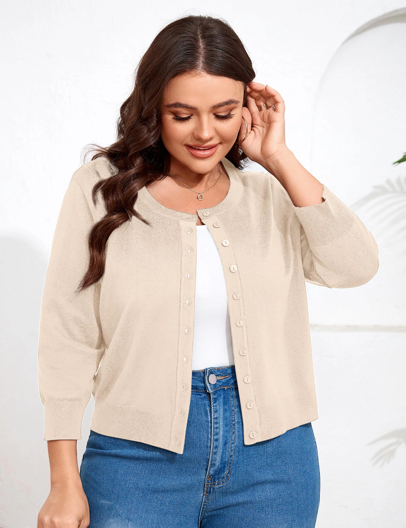KOJOOIN Women Plus Cardigan 3/4 Sleeve Crew Neck Bolero Button Down Sweaters Knit Shrugs