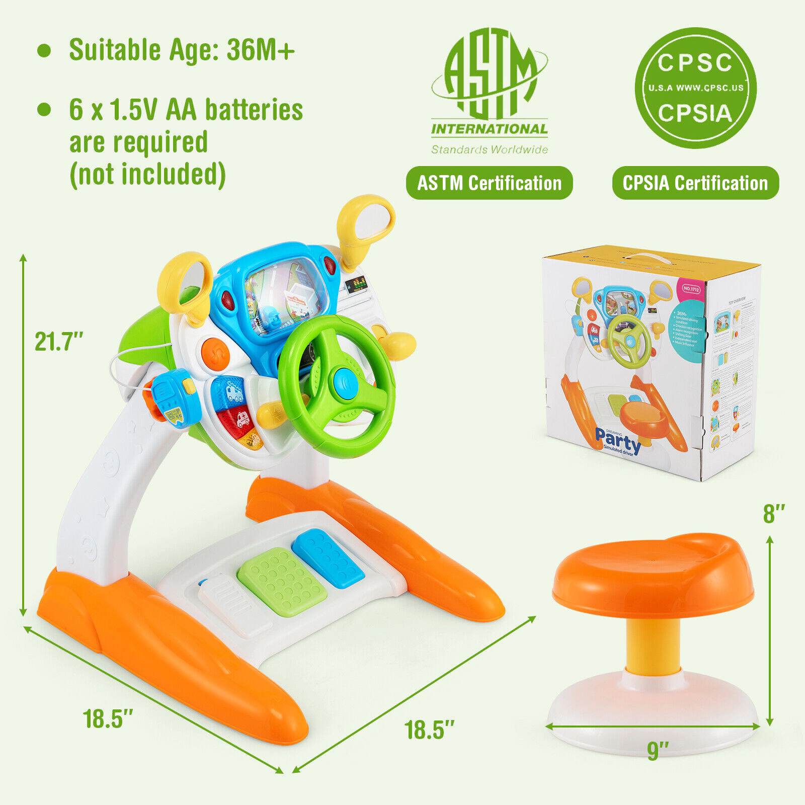 SUGIFT Kids Steering Wheel Pretend Play Driving Toy Set 110-lb Stool 18.5 x 18.5 x 21.7-in Ages 3+ Multicolor