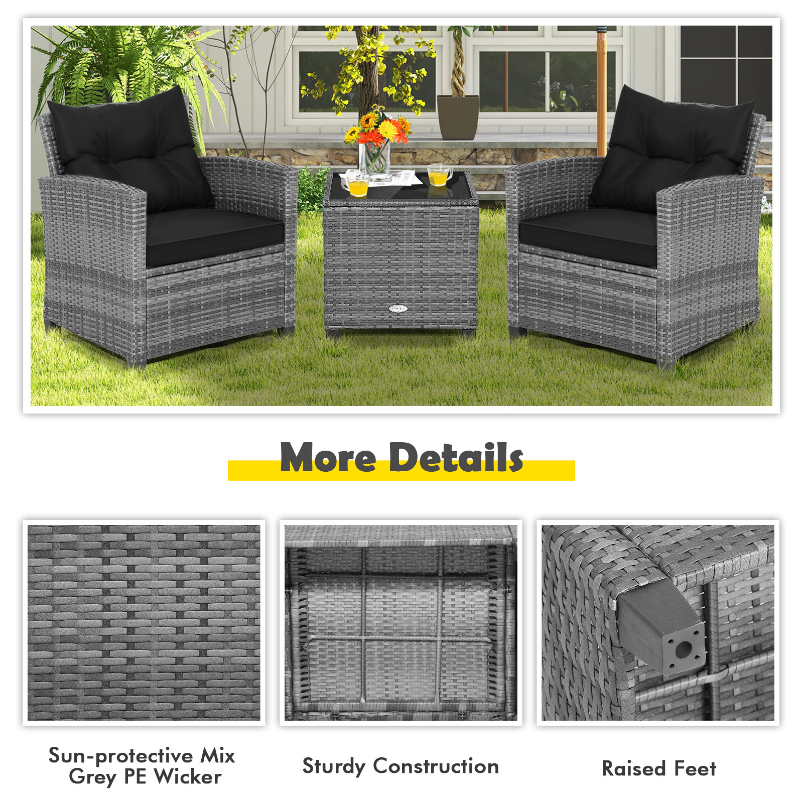 SUGIFT Tempered Glass Top Side Table 3-Piece Outdoor Wicker Conversation Set