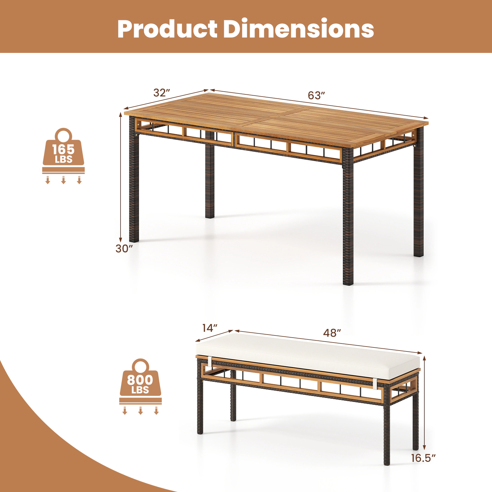SUGIFT 3-Piece Acacia Wood Patio Dining Set, 63-Inch Table, 2 Benches, Umbrella Hole