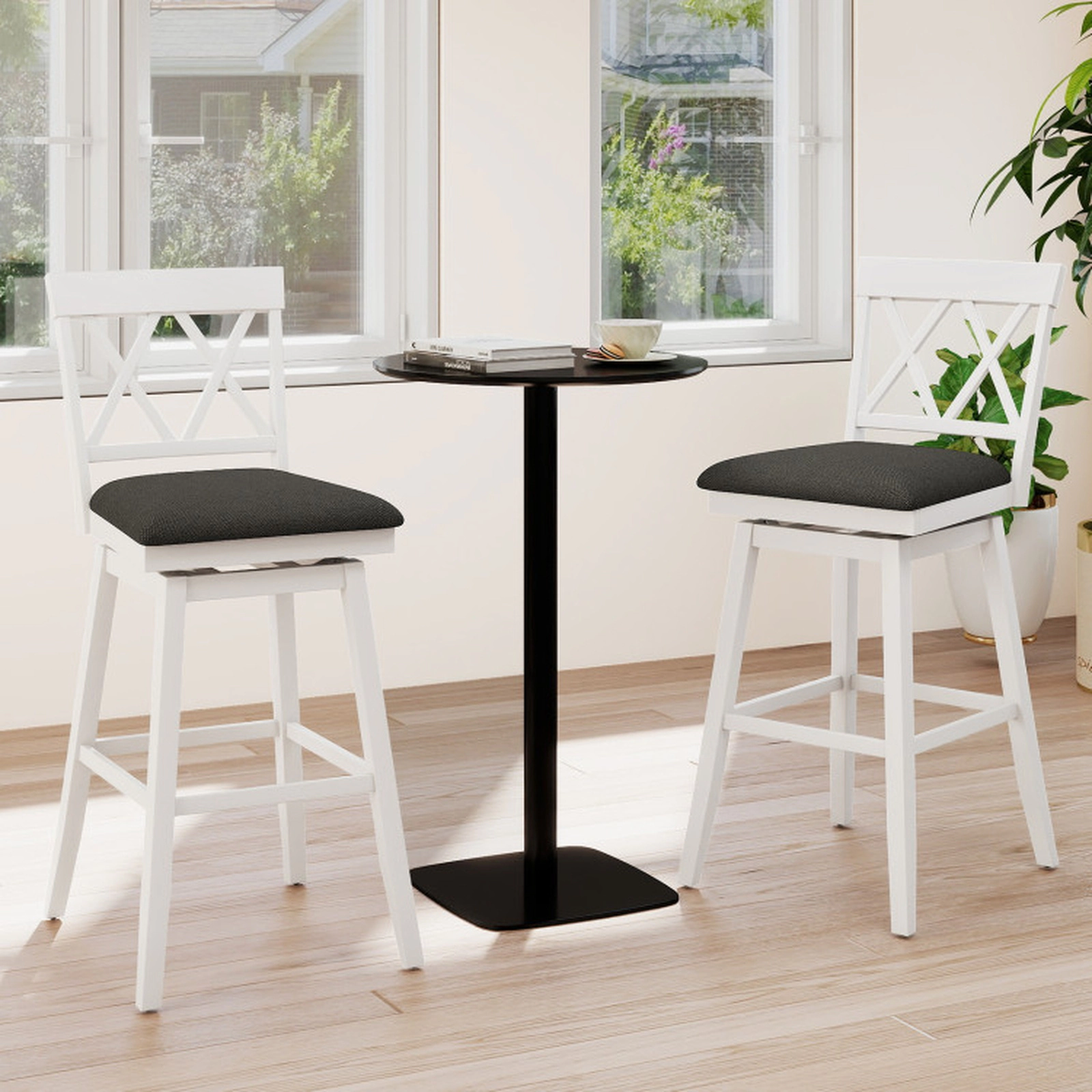 SUGIFT Set of 2 29-in Seat H X-Back Rubber Wood Frame and Linen Padded Seat 330-lb Rated Bar Stools White