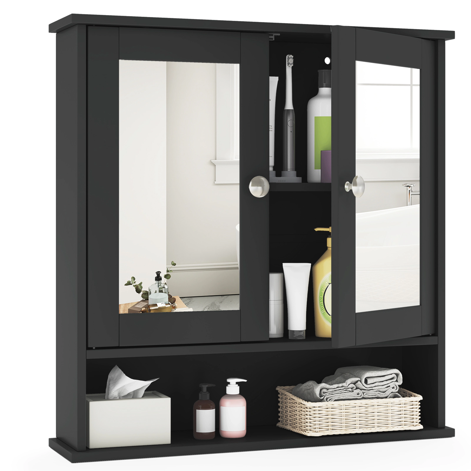 SUGIFT Black 44-lb Capacity Double Door Wall Mounted Bathroom Mirror Cabinet with Open Storage Shelf