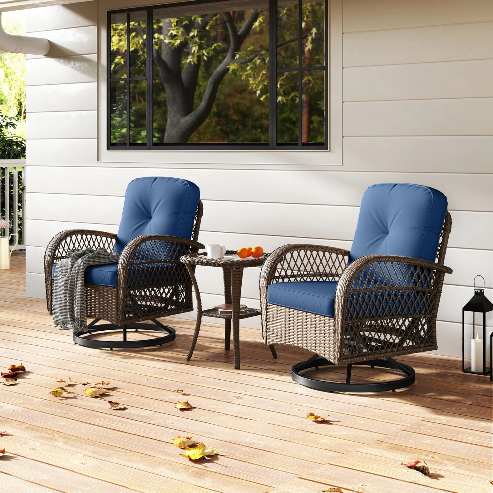 SUGIFT 3-Piece Brown Patio Furniture Set with 2 Swivel Rocker Chairs and 2-Tier Side Table 400-lb Per Seat