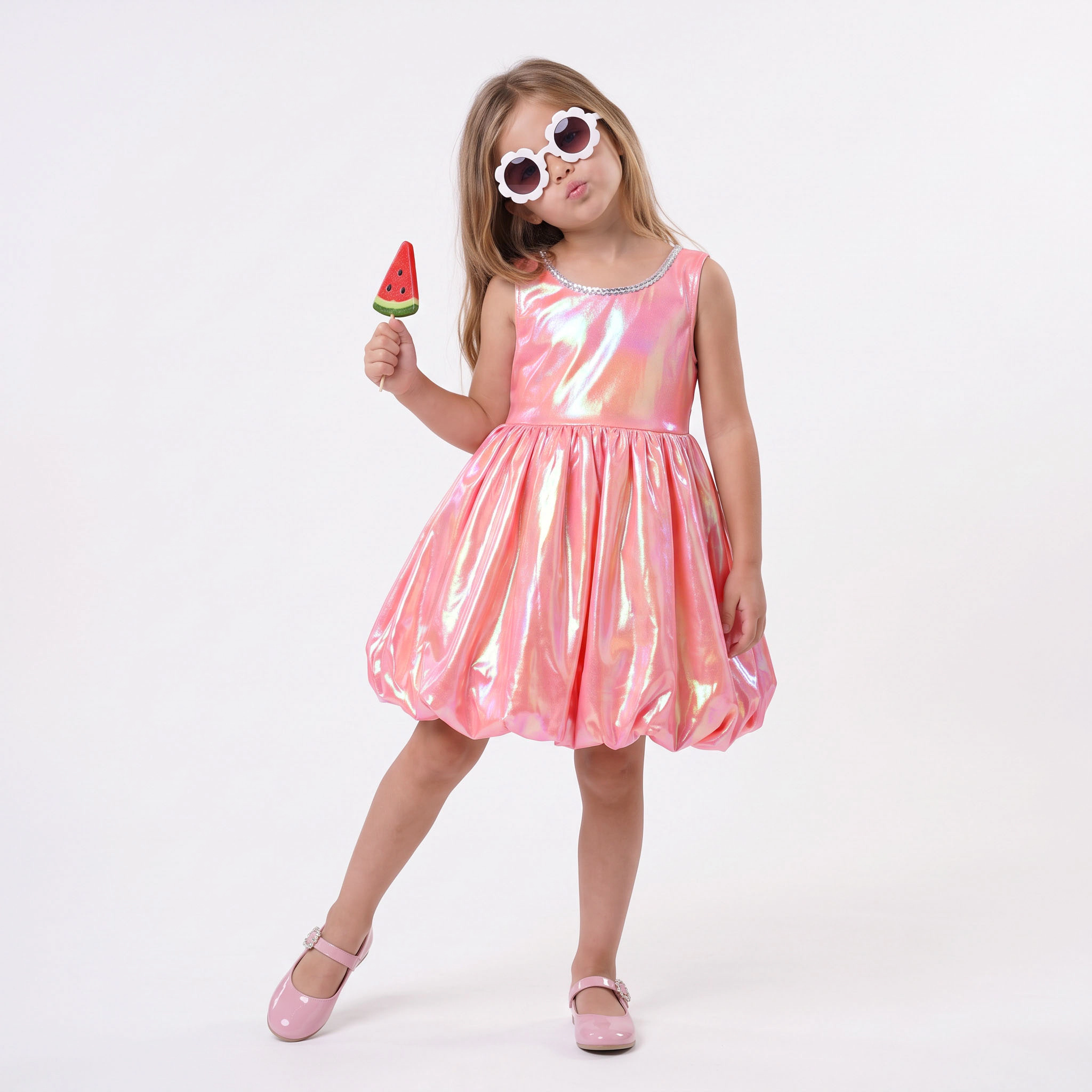 2Bunnies Girls 4T-10Y Iridescent Metallic Bubble Hem Sequin Neckline Party Dress