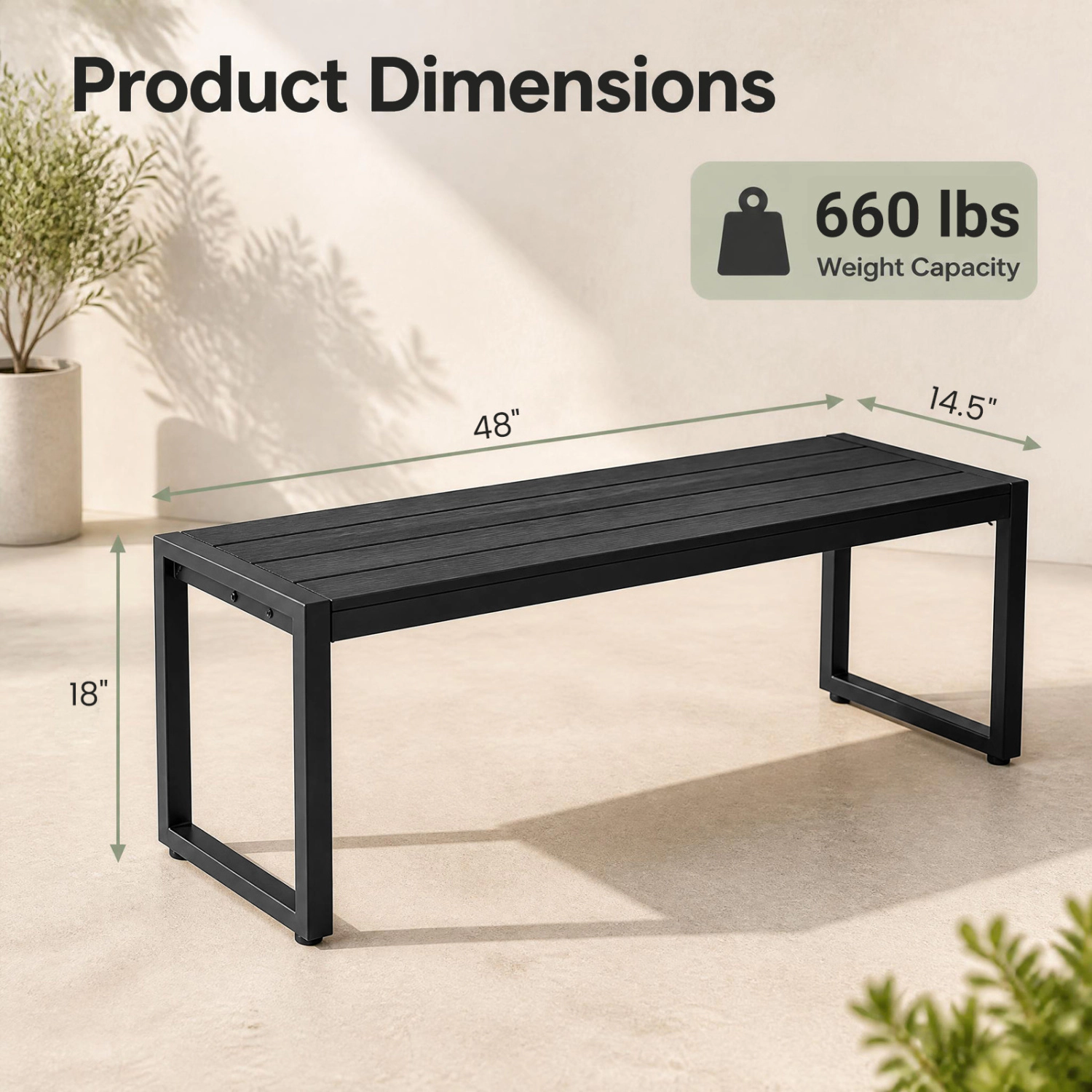 LJG 48" Outdoor Bench with Wood-Plastic Composite and Metal Frame Slatted Sea for Garden