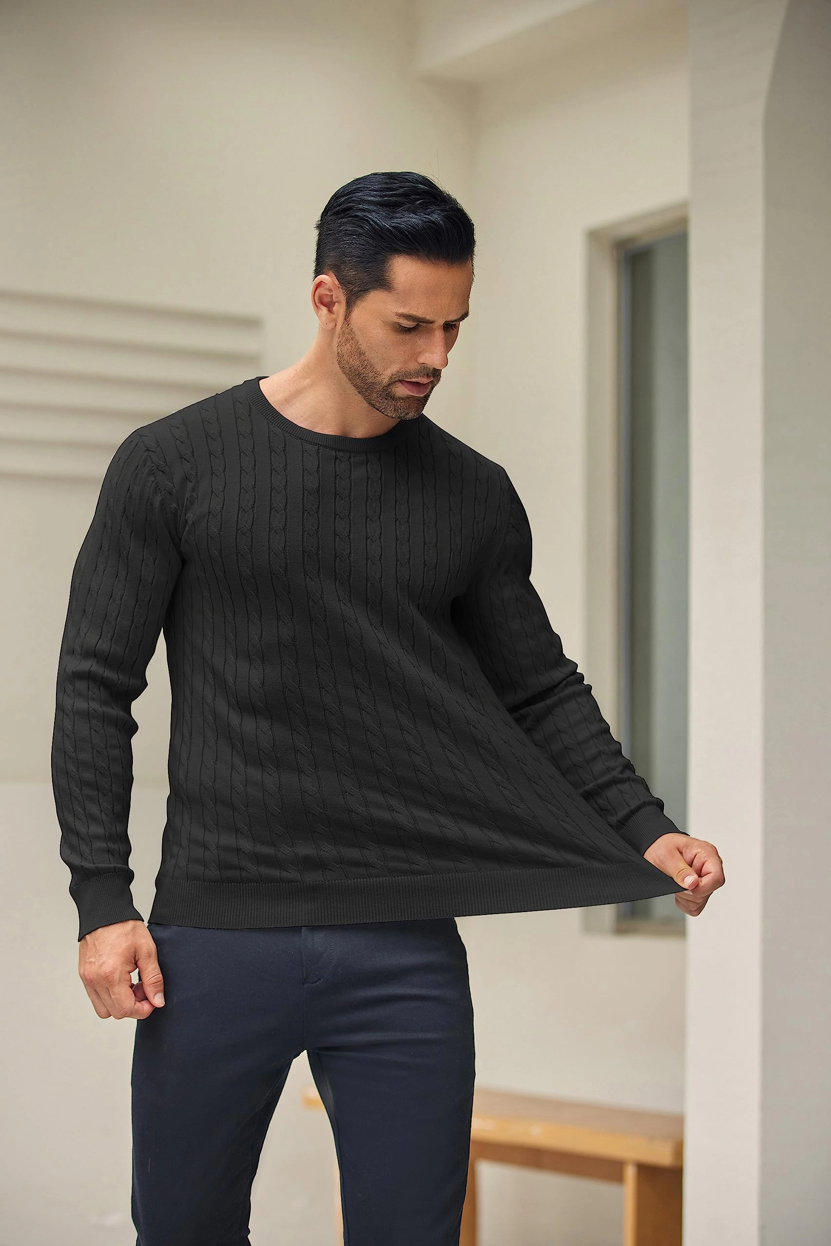 COOFANDY Mens Classic Long Sleeve Sweater Fall Crew Neck Cable Knit Casual Pullover
