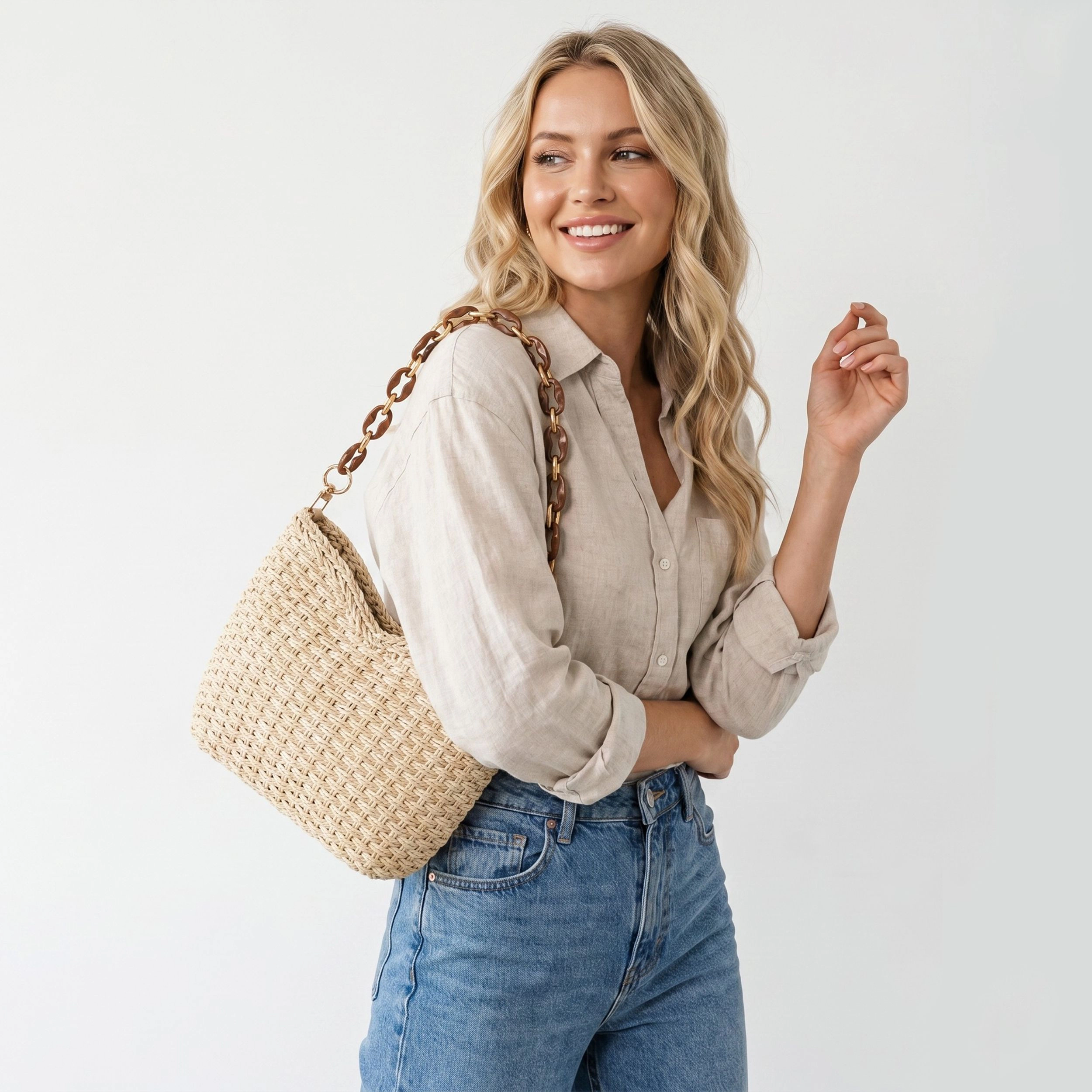 Alilang Women's Woven Shoulder Bag with Chain Strap Zip Closure and Interior Slip Pocket, Beige