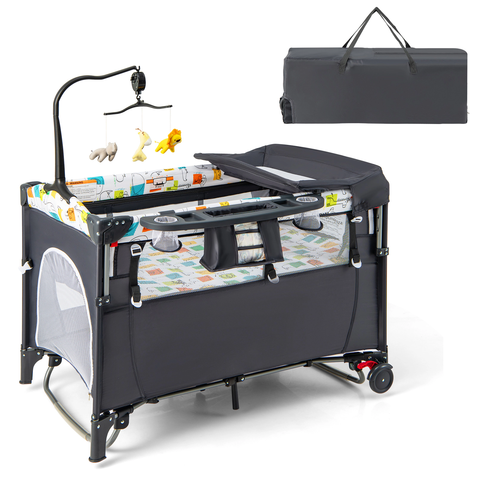 SUGIFT Height Adjustable Rocking Bedside Baby Bassinet and 110-lb Playpen with Detachable Changing Table