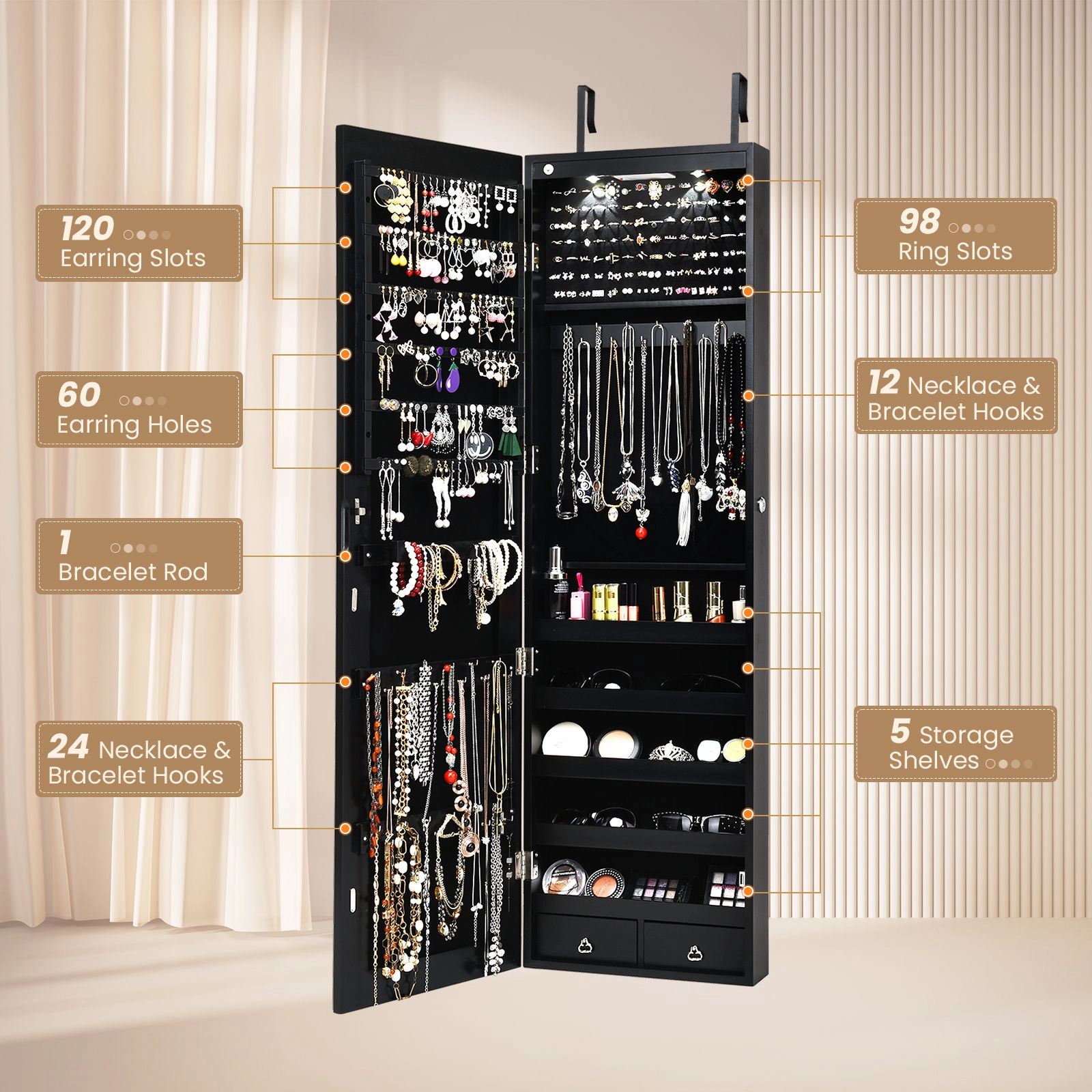 SlickBlue Large Jewelry Storage Cabinet with Full Body Mirror for Bedroom & Dressing Area
