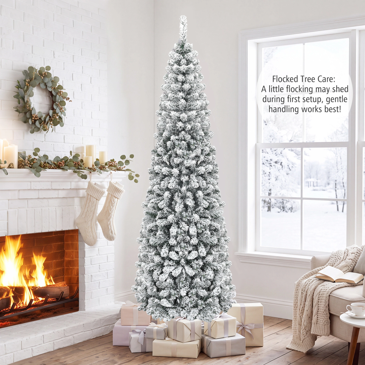 LJG 7.5 Feet Unlit Hinged Snow Flocked Artificial Pencil Christmas Tree with 641 Tips
