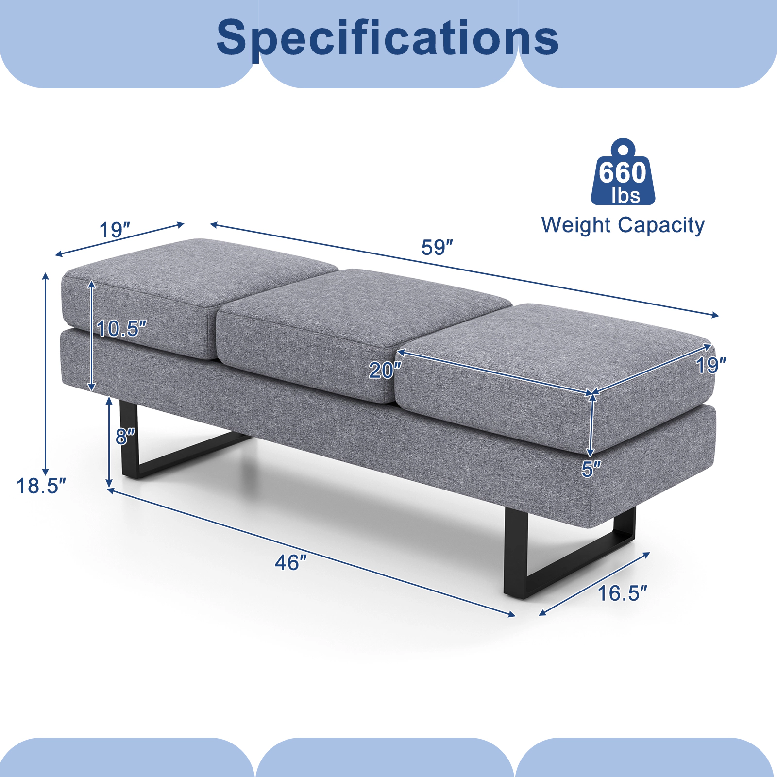 SUGIFT Waiting Room Bench Seating Long Bench with Metal Frame 660-Lb Capacity 3-Seat Faux Linen Cushion Gray/Black