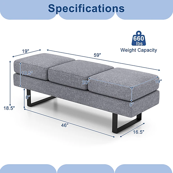 SUGIFT Waiting Room Bench Seating Long Bench with Metal Frame 660-Lb Capacity 3-Seat Faux Linen Cushion Gray/Black