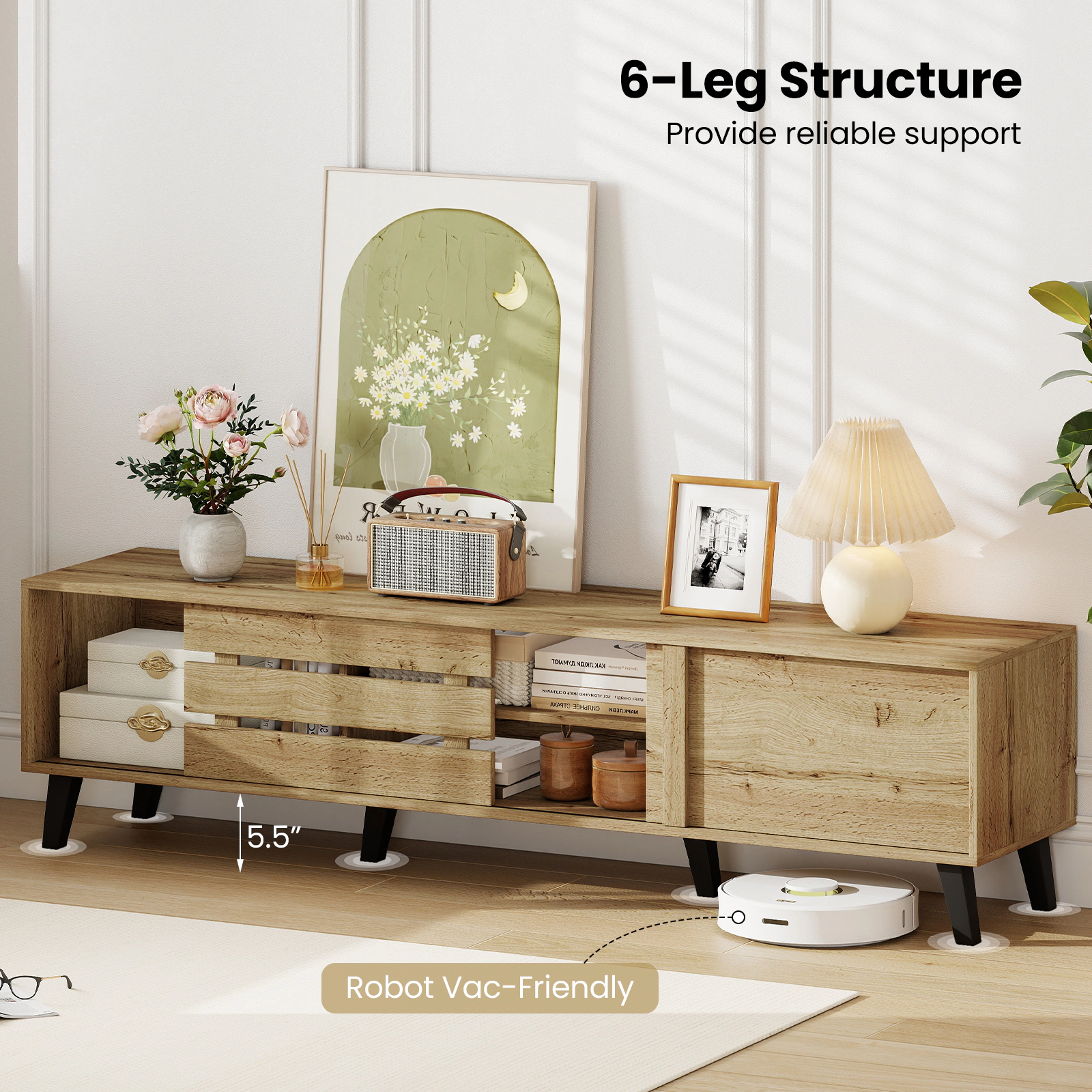Glintex 71-Inch Mid-Century TV Stand with Sliding Door Cabinets, Oak