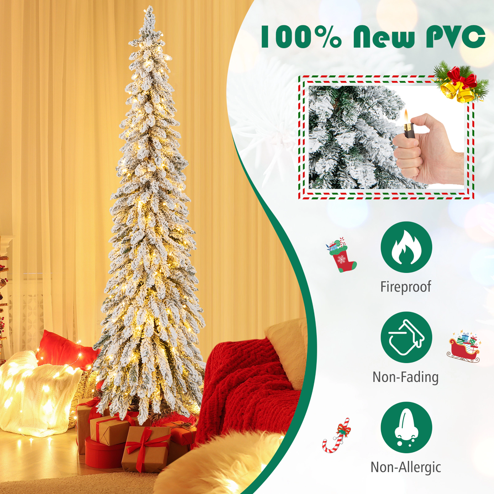 SUGIFT 6-ft Snow Flocked Slim Pencil Pre-Lit Christmas Tree with 407 Branch Tips and 250 LED Lights