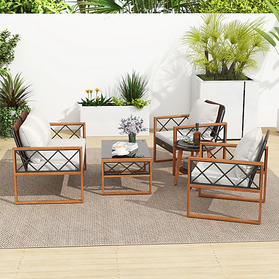 SUGIFT 5 Piece PE Wicker Patio Furniture Set with Acacia Wood Frame Loveseat and 2 Tables