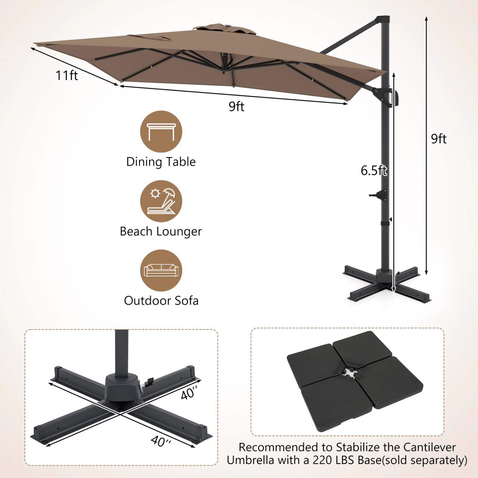 SUGIFT 11 x 9-ft Cantilever Patio Umbrella with 360° Rotation and Easy Tilt Adjustment Brown