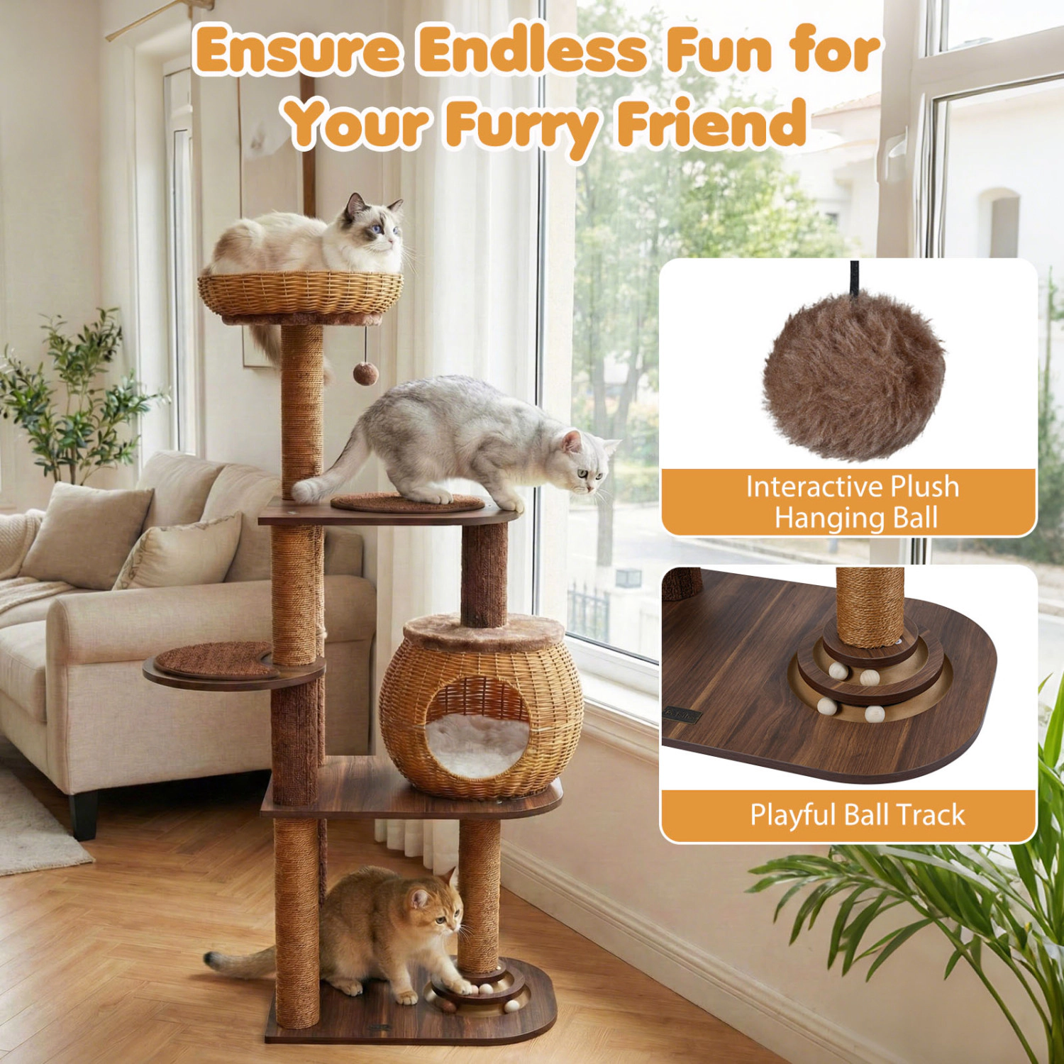 SlickBlue Unisex 59.5 Inch Multi Level Cat Tree with Rattan Condo