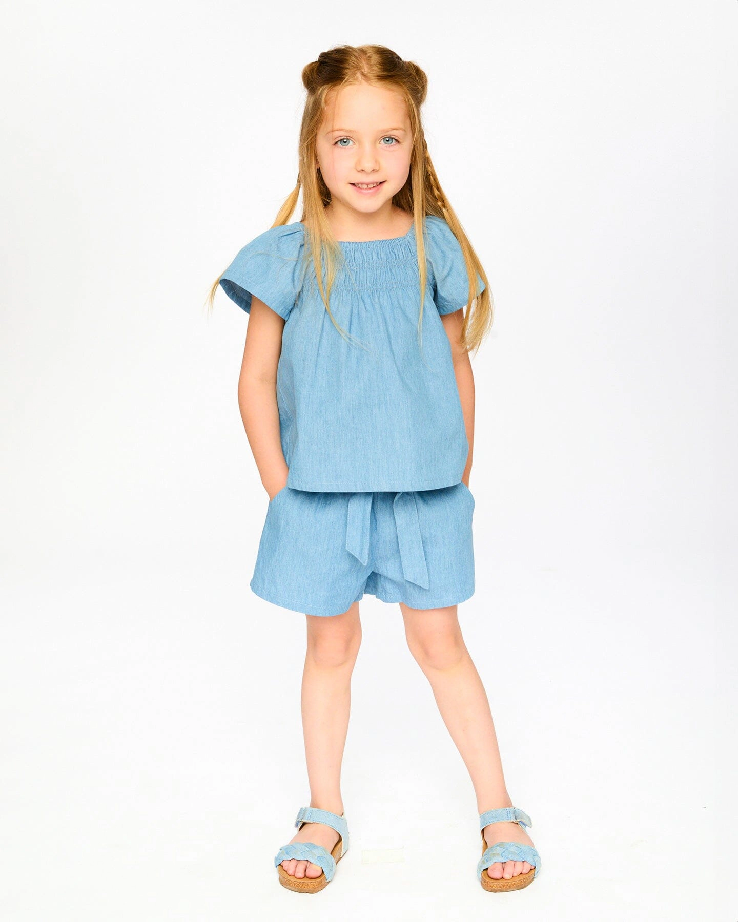 Deux par Deux Girls Chambray Elastic Waist Shorts