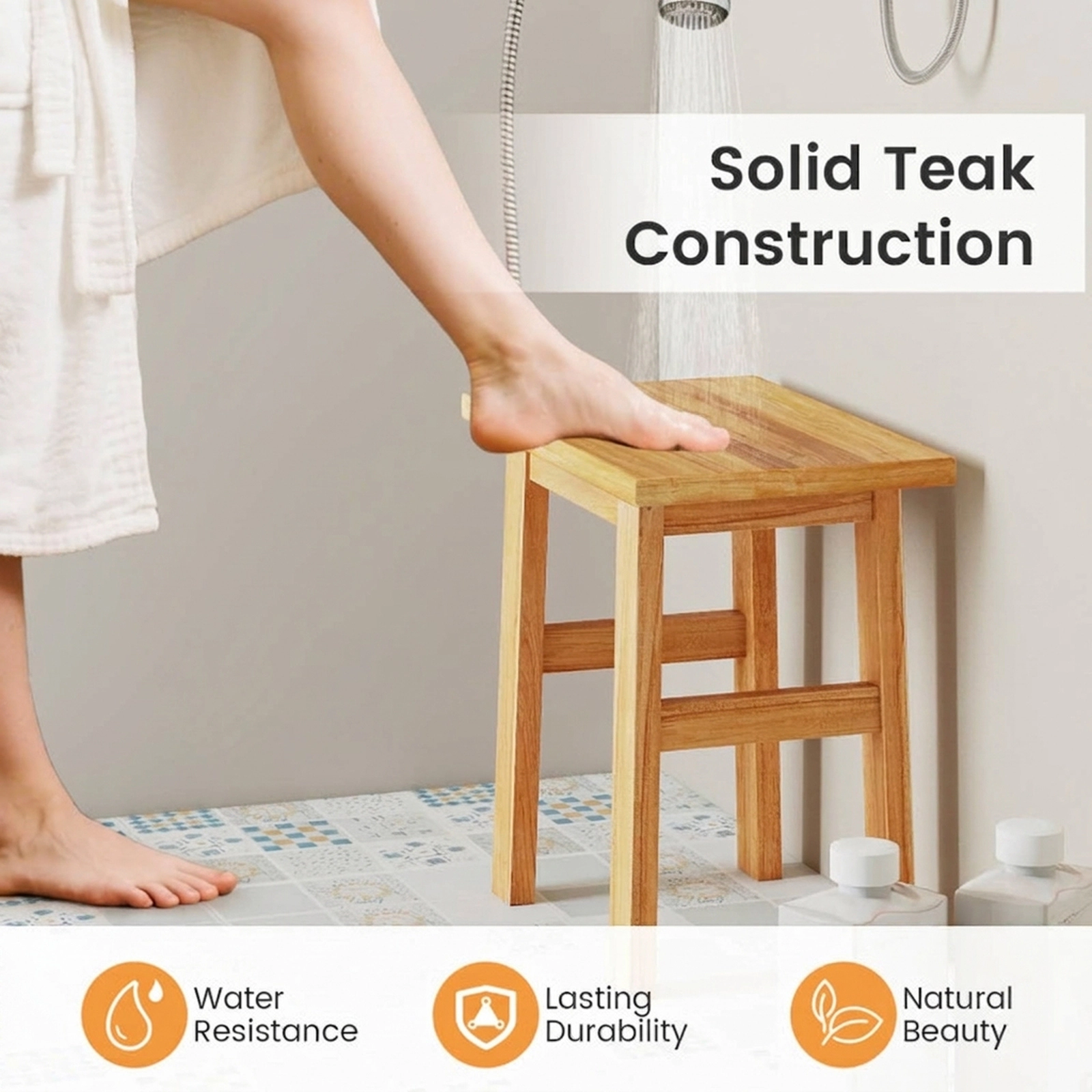 SUGIFT Reinforced Crossbars Water Resistant Solid Teak Spa Shower Bench 18-in x 12-in x 18-in 264-lb Capacity Natural