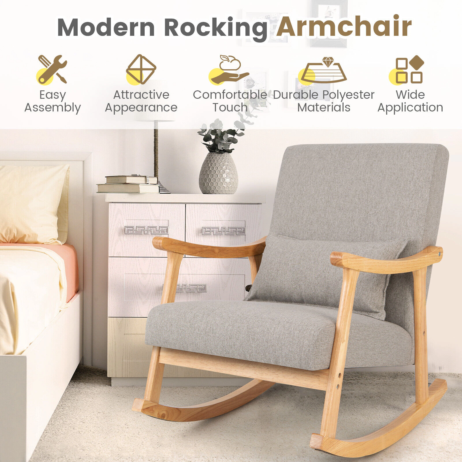 LJG Upholstered Rocking Chair with Pillow and Rubber Wood Frame