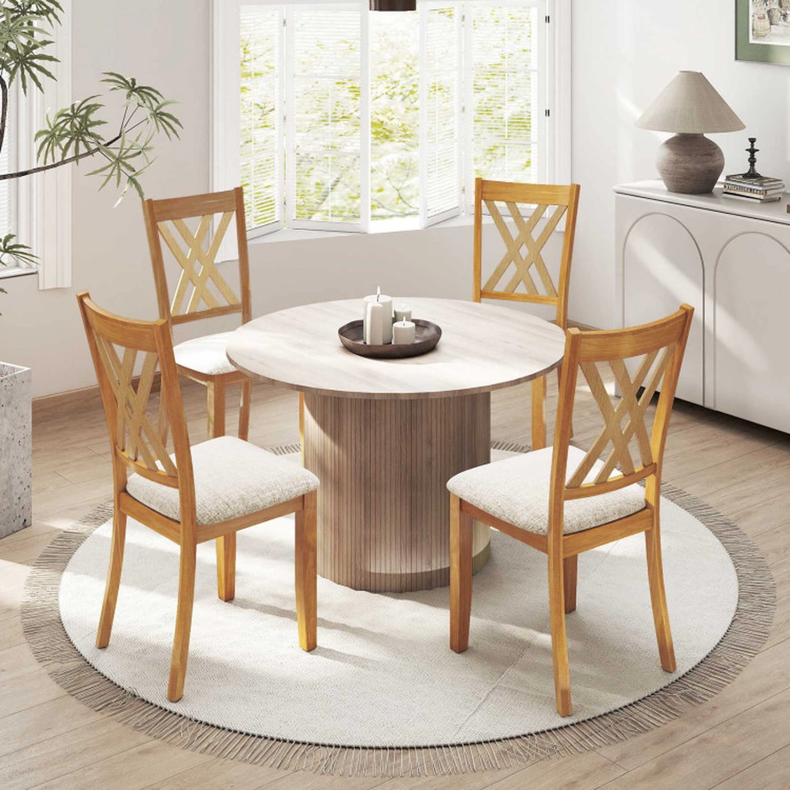 SUGIFT Linen Fabric Upholstered Wooden Dining Chair Set of 4 330-Lb Capacity Rubber Wood Frame Gray/Natural