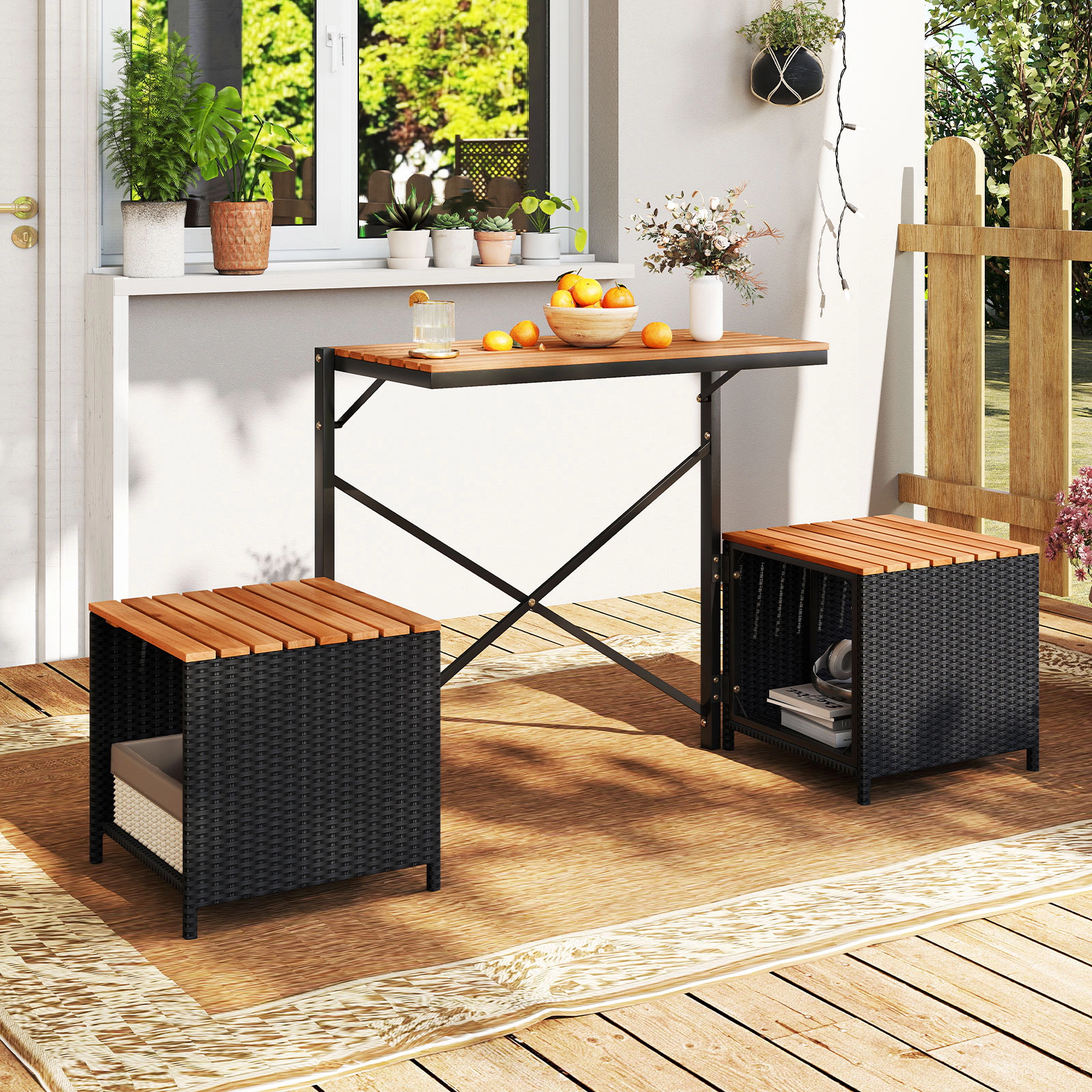 SUGIFT 2-in-1 Acacia Wood Loveseat and Picnic Table with Storage