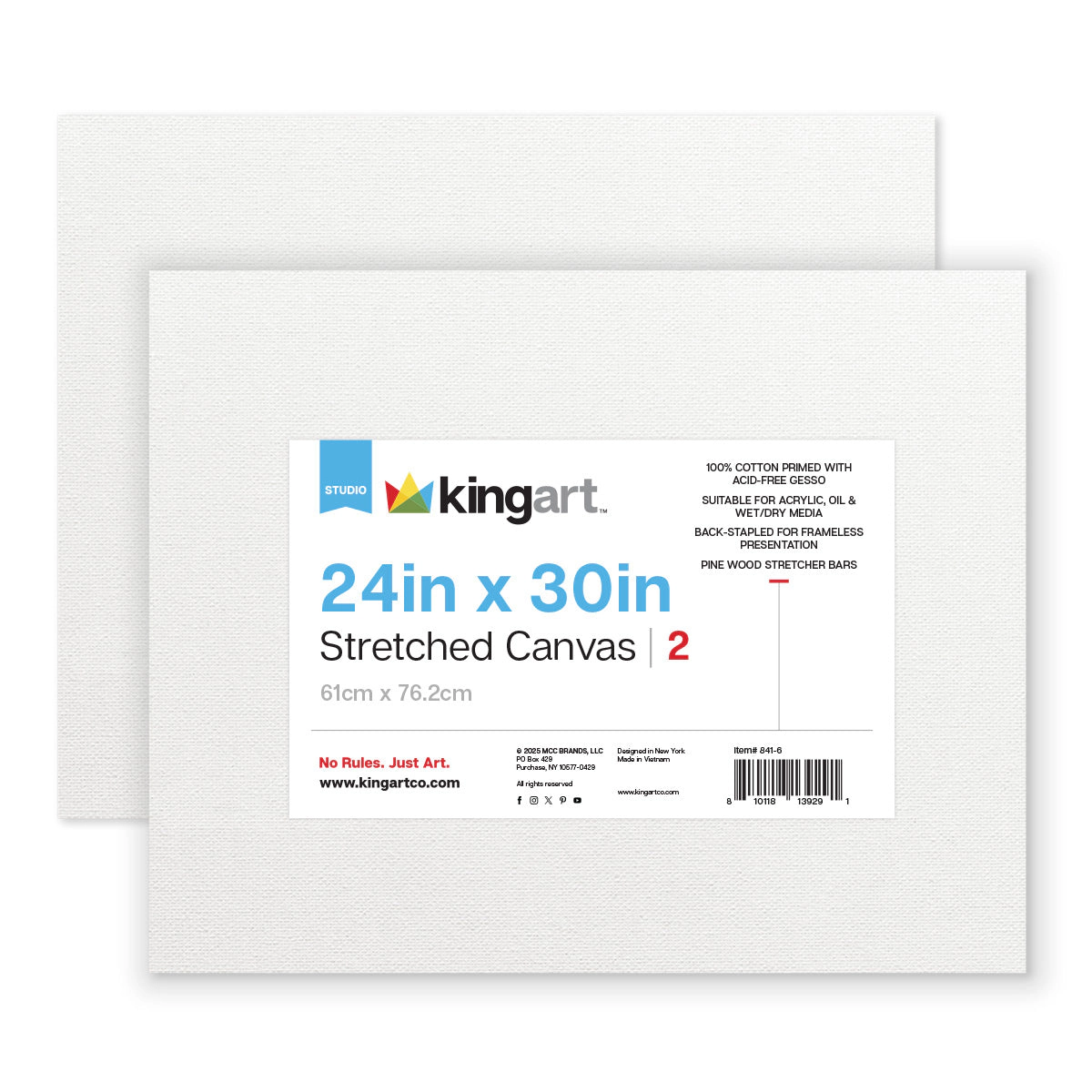 KINGART Stretched White Canvas 24" x 30" - 100% Cotton, Triple-Primed, 2 Pack