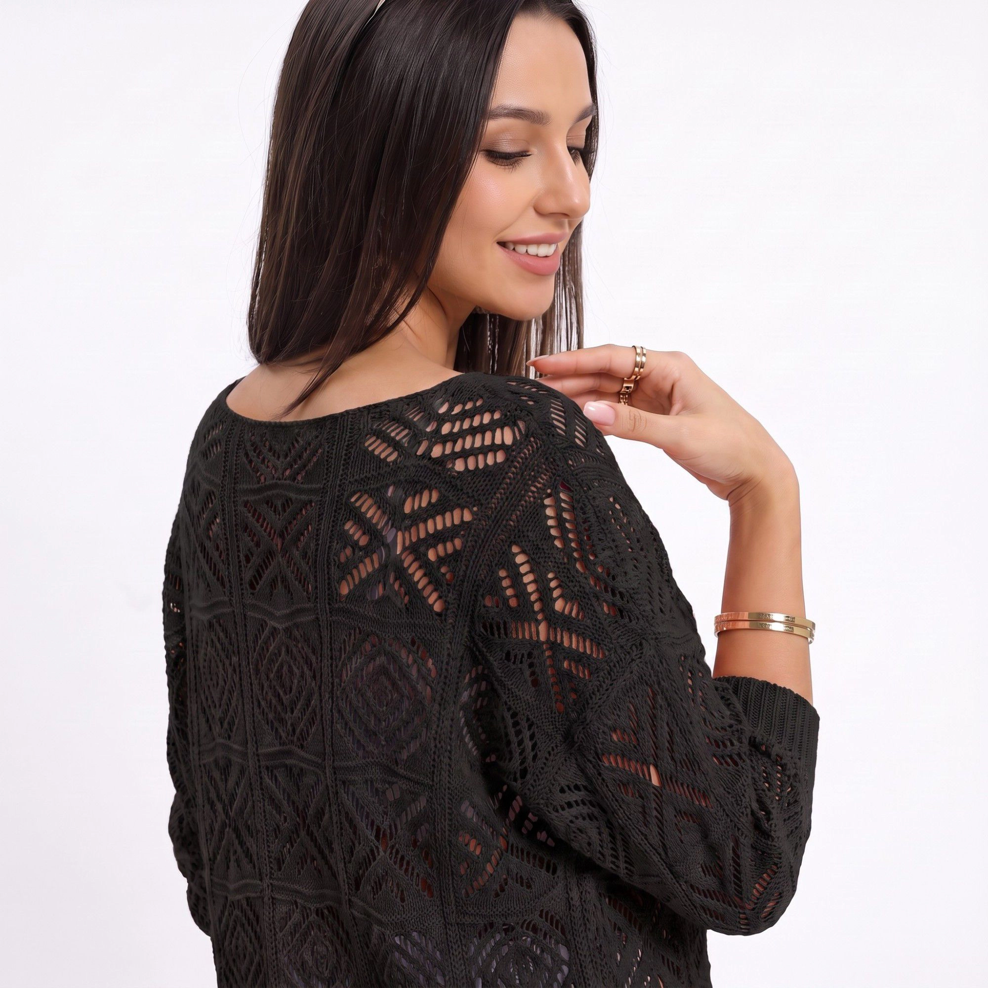 Anna-Kaci Women's Open Stitch Geometric One Shoulder Long Sleeve Knit Sweater Top
