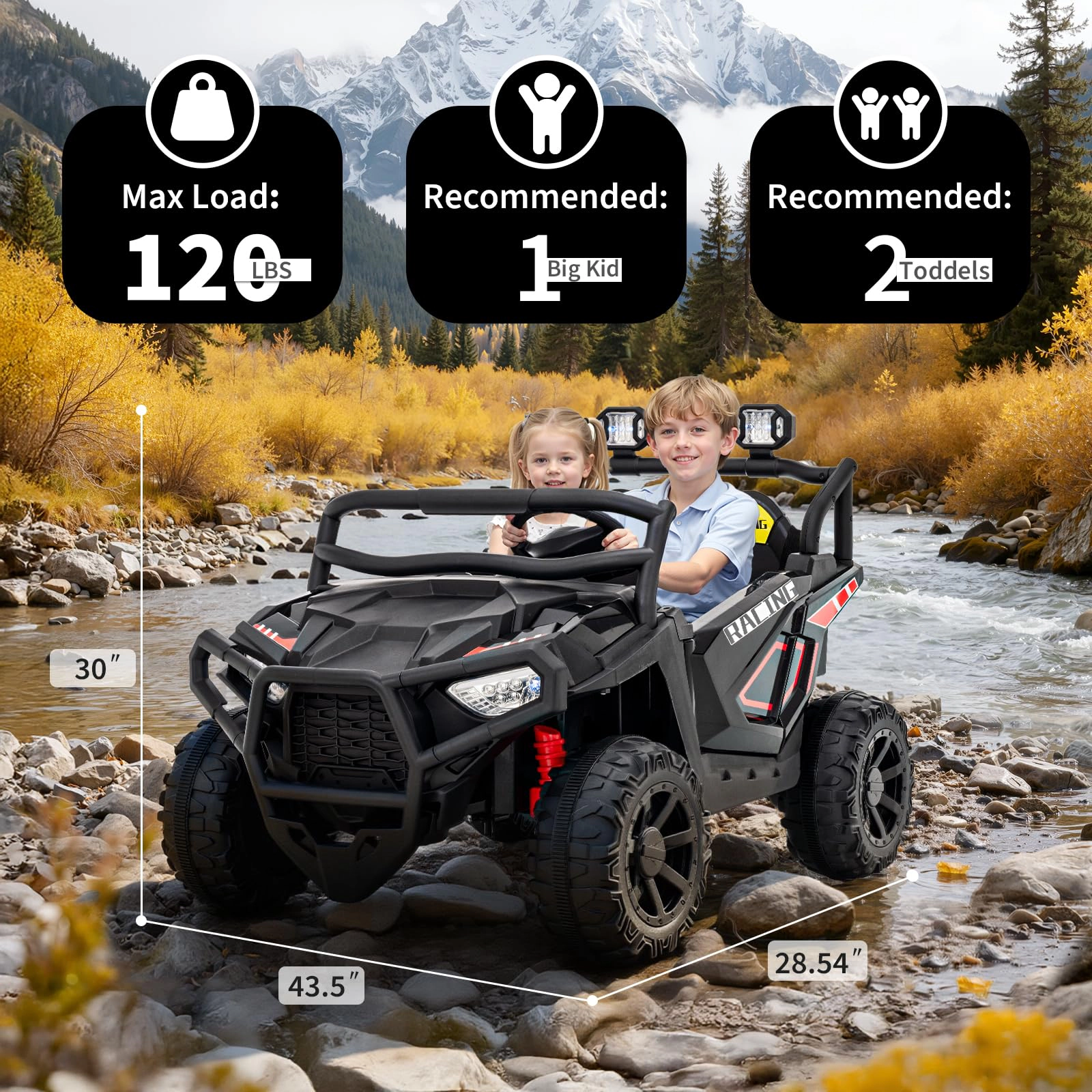 24V 2-Seater Electric UTV for Big Kids, 4-Wheeler Suspension,3 Speeds, Remote, Bluetooth, Lights