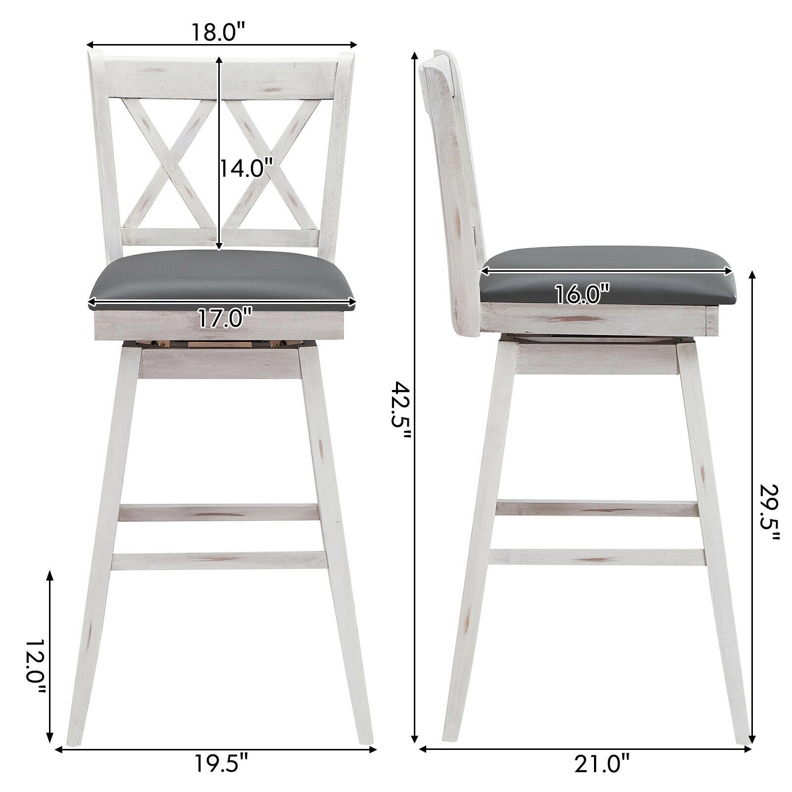 SUGIFT Set of 2 White 29-Inch Counter-Height Swivel Bar Stools with PVC Backrests and Rubberwood Legs