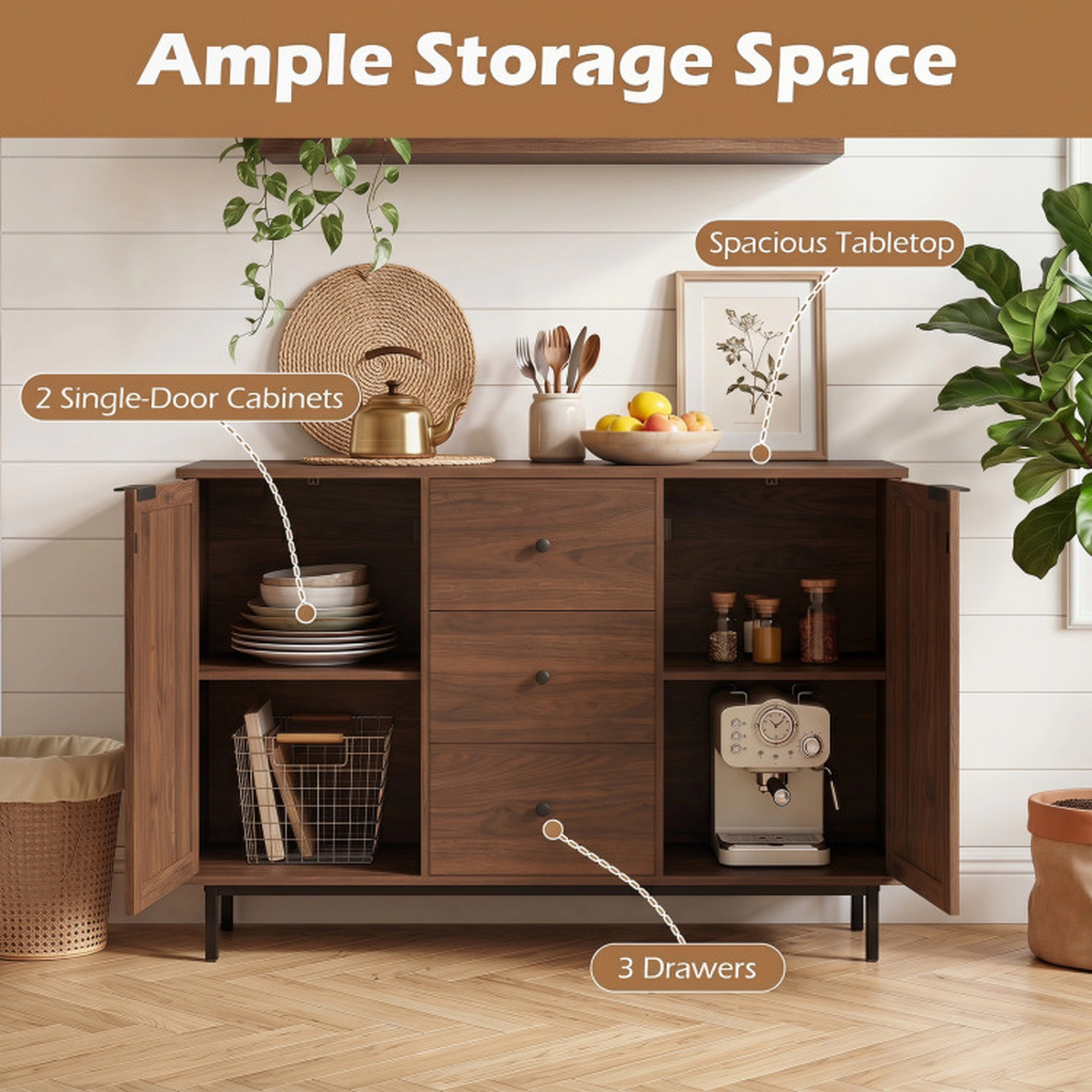 SUGIFT 3-Drawer 2 Rattan Doors Farmhouse Buffet Sideboard Cabinet 47.5-in x 16-in x 31.5-in 110-lb Capacity Brown