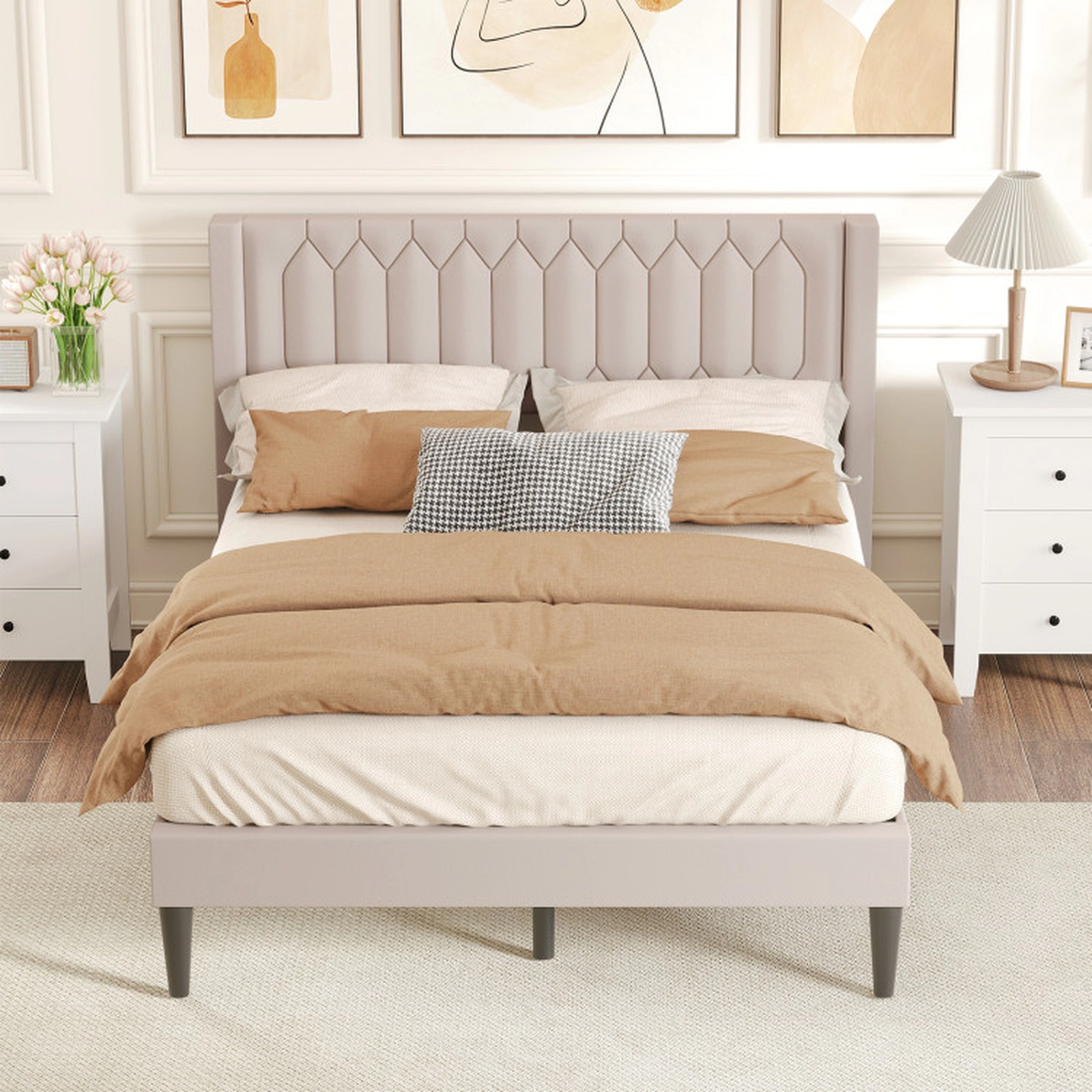 SUGIFT Queen Size Beige Upholstered Platform Bed Frame with Wingback Headboard and LVL Slats 770-lb Frame