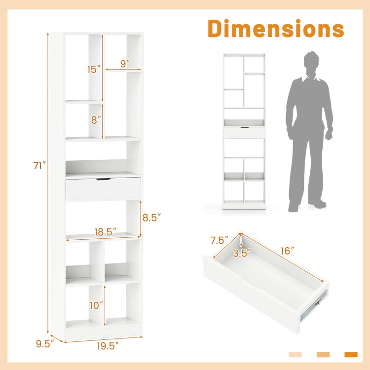 Hivvago 7-tier Bookshelf with Drawer 180cm Floor Standing Display Rack Storage Shelf
