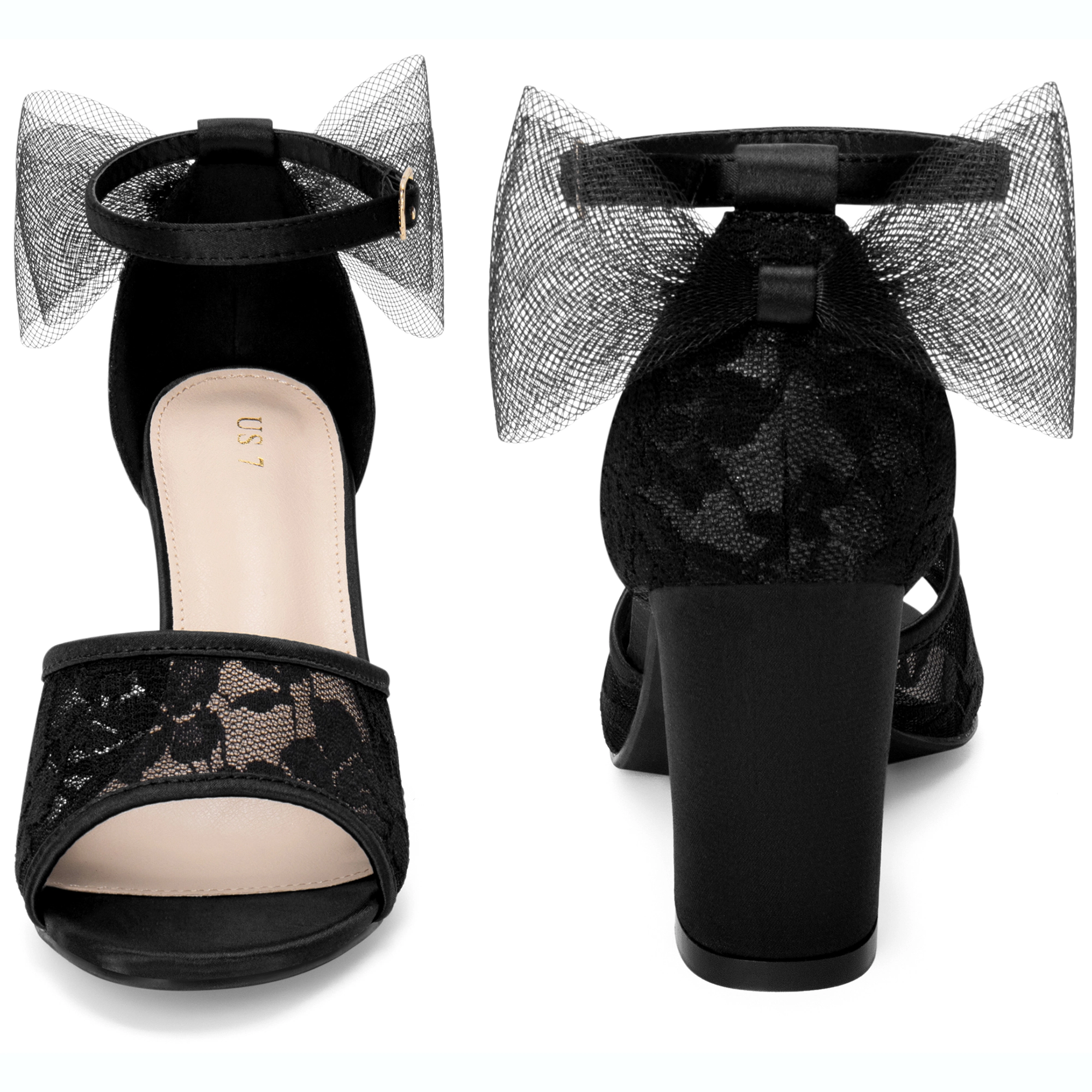 BLISSFUL STEP Women's Lace Open Toe Bow Chunky Block Heel Party Wedding Sandals