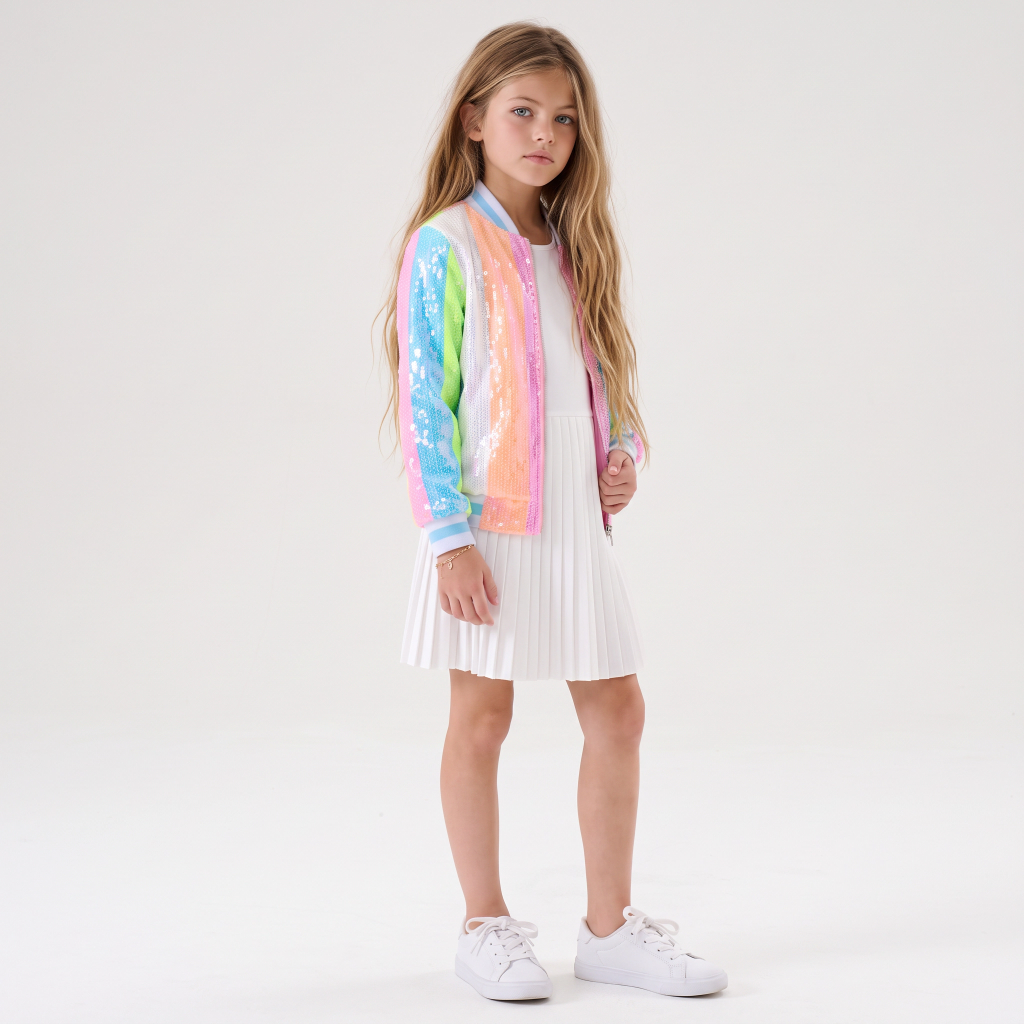 2Bunnies Girls’ Neon Pastel Stripe Sequin Bomber Jacket
