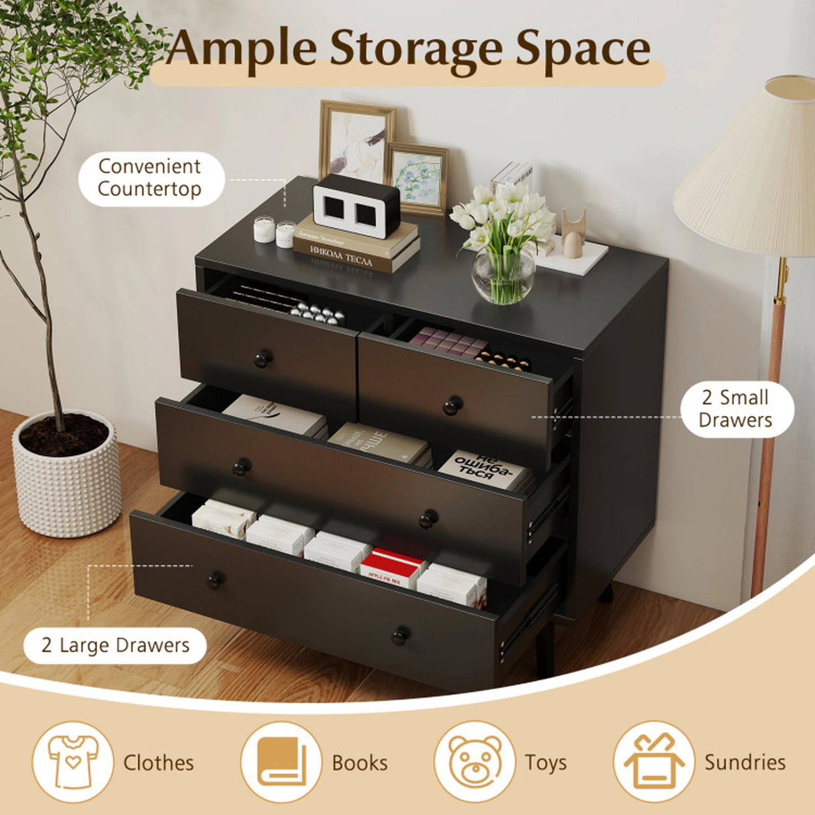 SUGIFT Black Tapered Legs for Bedroom and Living Room 4-Drawer Wide Wooden Dresser